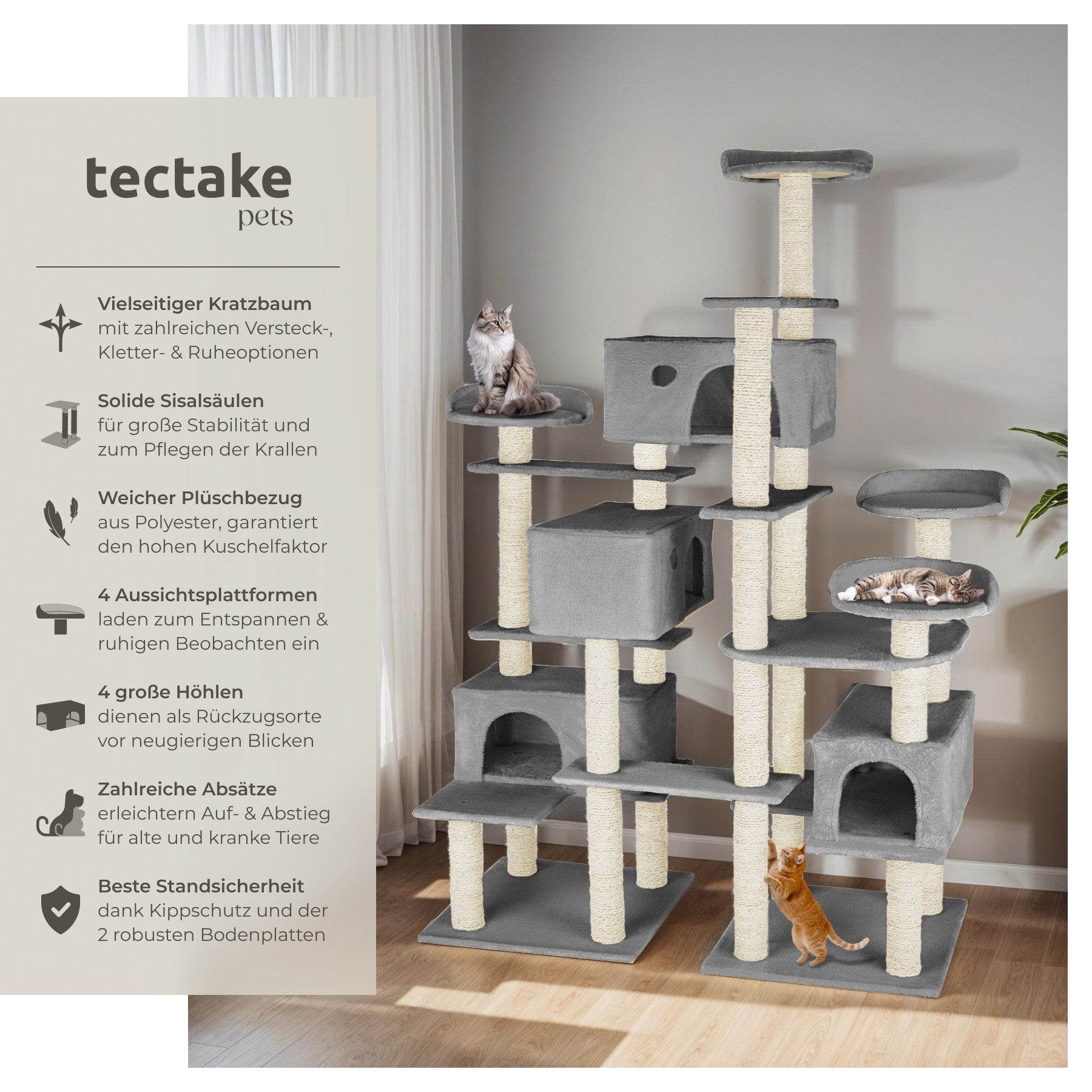 tectake Kratzbaum Katzenbaum Entissar 214 cm Diverse Farben, Vielseitig mit robusten Sisalstangen und Plüschoberfläche
