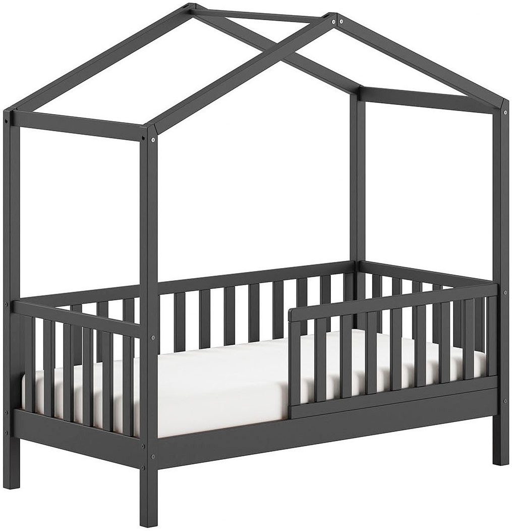 Vipack Hausbett Junior Hausbett 70/140, umlaufender Rausfallschutz, stabil gebaut (B/H/T ca. 148x150,6x75,8cm, in verschiedenen Farben erhältlich), inkl. Rolllattenrost und Dachaufbau
