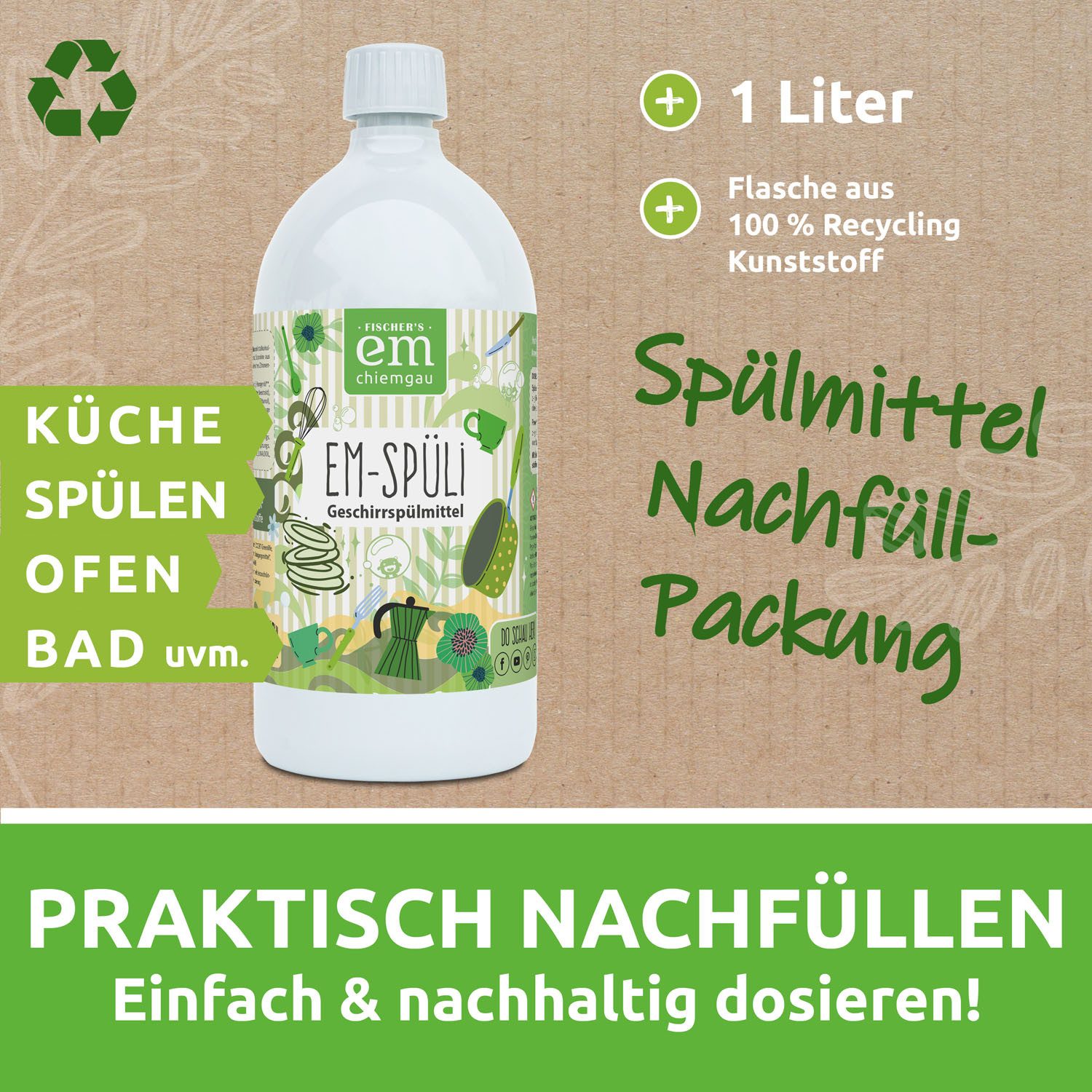 Fischer's EM-Chiemgau EM-Spüli Geschirrspülmittel (Erhältlich in verschiedenen Größen Mit EM, hautfreundlich, duftet frisch, ECOCERT-zertifiziert)
