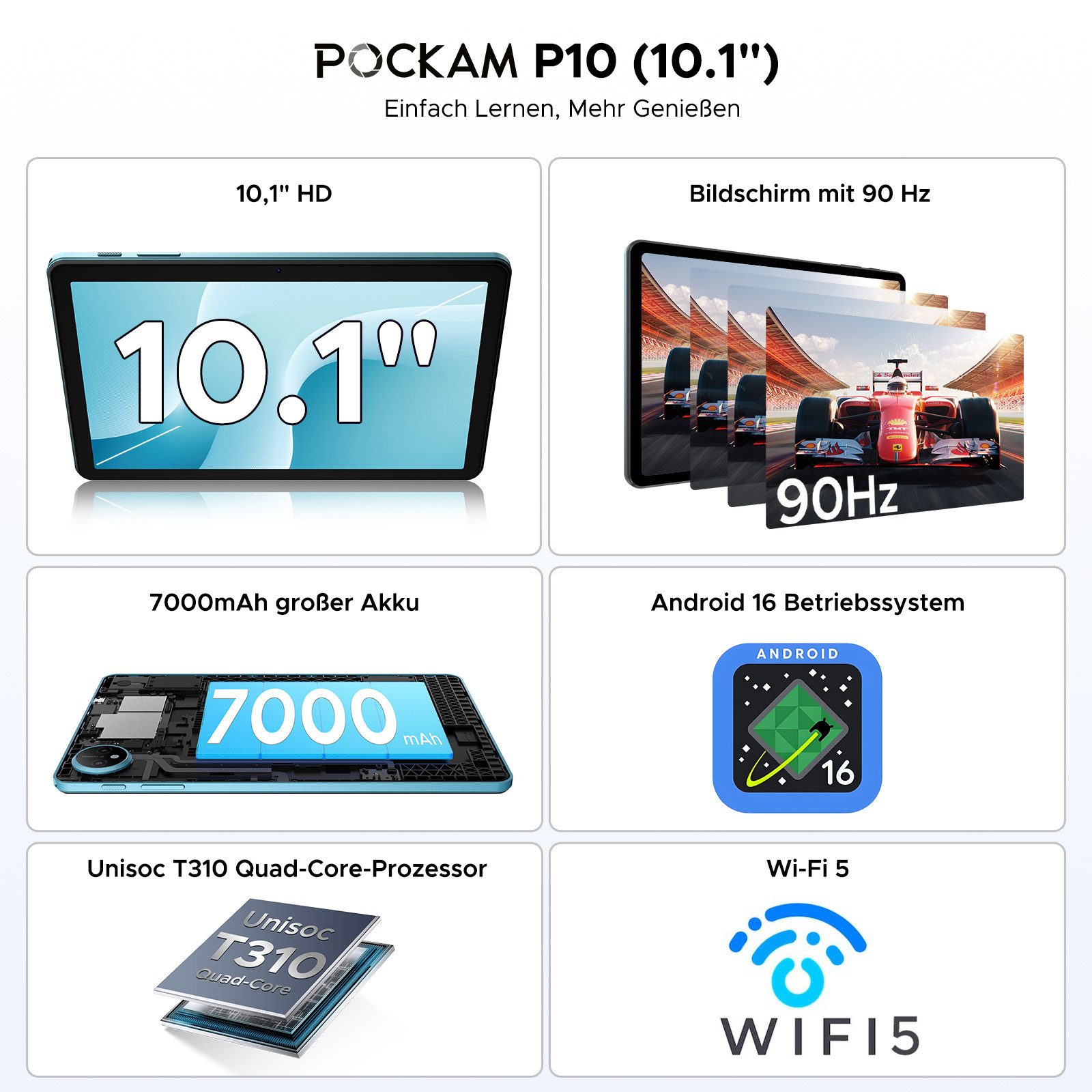 POCKAM P10 10,1 Zoll Android 16 Tablet mit Tastatur, 128GB ROM, 7000mAh, 90Hz Tablet (10.1", 128 GB, Android 16, WIFI, 48GB RAM (8 + 40 GB erweitert), Gemini AI, Widevine L1, Face Unlock)