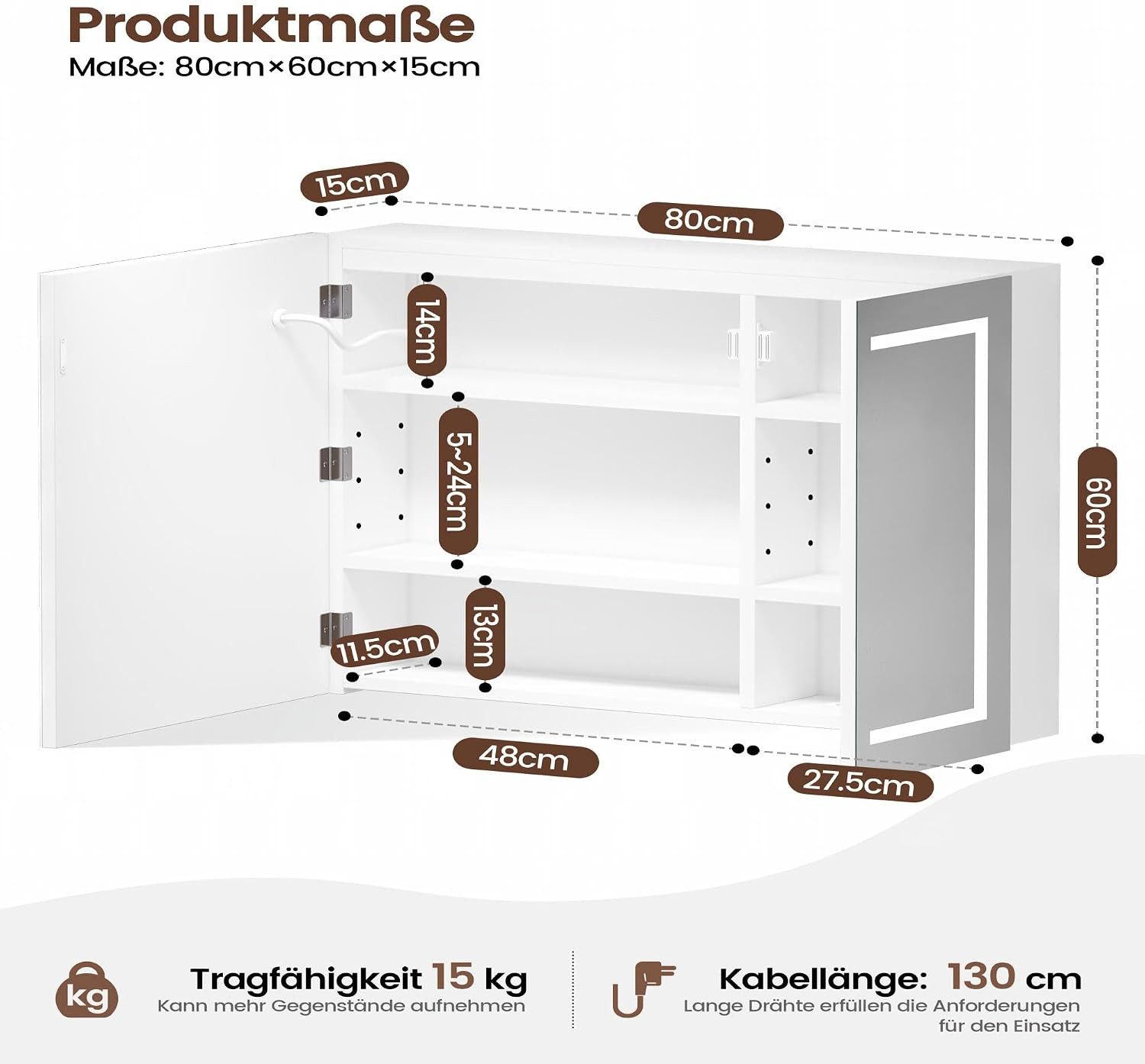 Luxstein Spiegelschrank Bad mit Beleuchtung und Steckdose, Verstellbares Regal, Entfogging-Funktion, Wandmontage – Bild 2 von 5