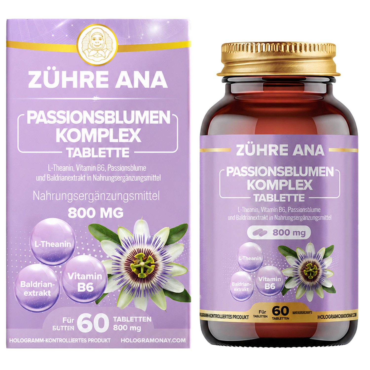Zühre Ana® Passıonsblumen Komplex-L-Theanin mit Baldrian, Melisse, Vitamin B6 Kapseln, 60 St., 60 g, L-Theanin-Komplex mit Passionsblume, Baldrian, Melisse und Vitamin B6