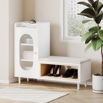 OKWISH Schuhbank mit Seitenschrank (Schuhbank ausgestattet mit Metallgriffen und 1 Tür aus Glas, Maße:B110/H90/T36 cm), für Flur, Schlafzimmer, Wohnung