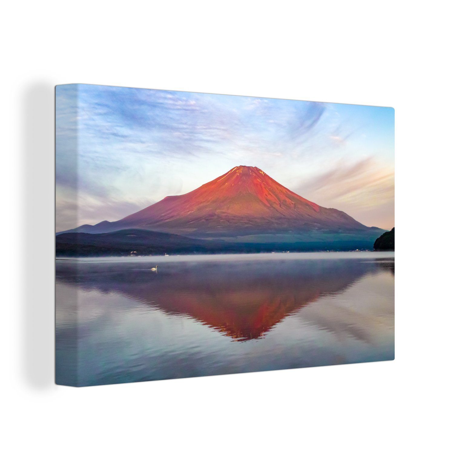 OneMillionCanvasses® Leinwandbild Der rot gefärbte Berg Fuji in Asien am Morgen, (1 St), Wandbild Leinwandbilder, Aufhängefertig, Wanddeko, 30x20 cm