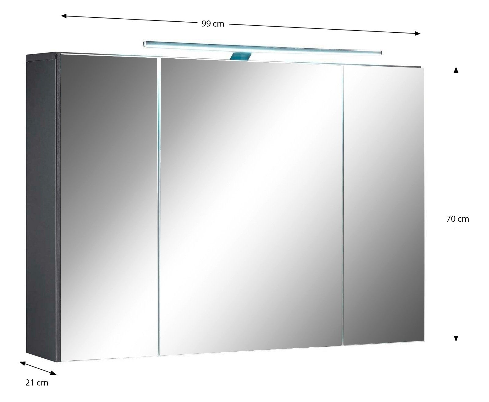 Badezimmerspiegelschrank cm, grau, 99 MANHATTAN, LED-Aufsatzleuchte Spiegeltüren, Spiegelschrank 3 B