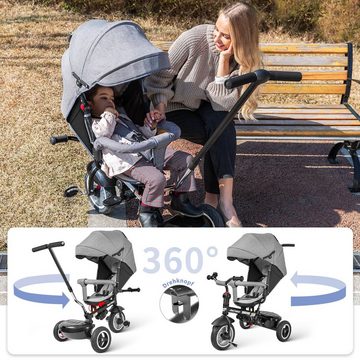 PLEKER Dreirad-Kinderwagen 7-in-1 Kinder Dreirad 360° drehbar Sitz und verstellbarer Rücklehne, All-Terrain-Räder aus Gummi, Freilauffunktion