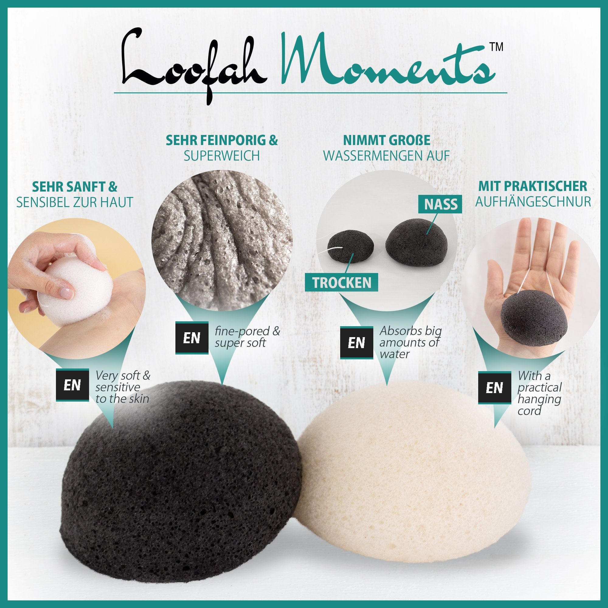 Loofah Moments Gesichtsreinigungsschwamm Loofah & weiß tlg. 1 Plastikfrei, Vegan Schwamm, Konjac Moments™