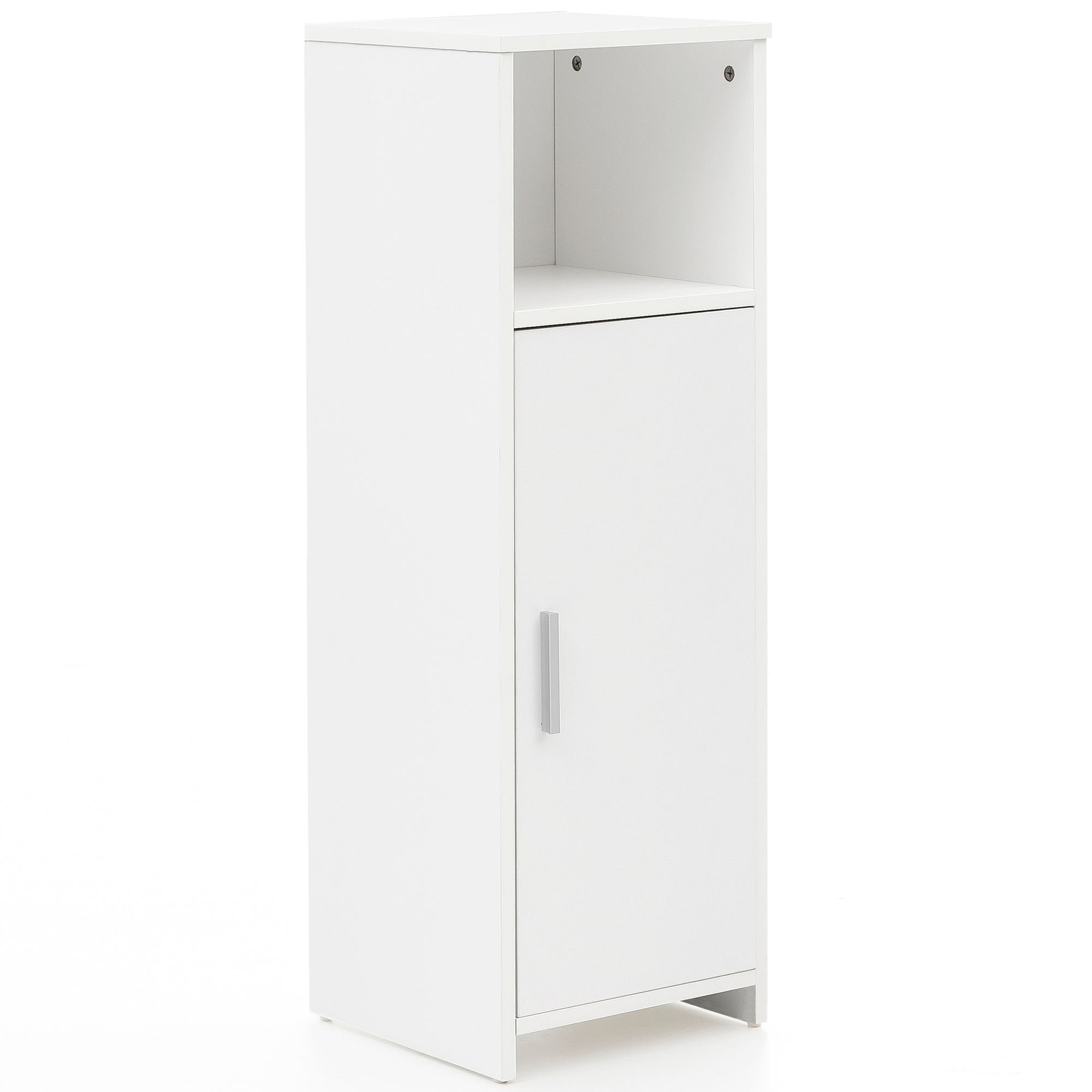 möbelando Badkommode Badschrank 30 x 95,5 x 30 cm weiß Holz mit Tür und Ablagefach, Kleine, Badezimmermöbel