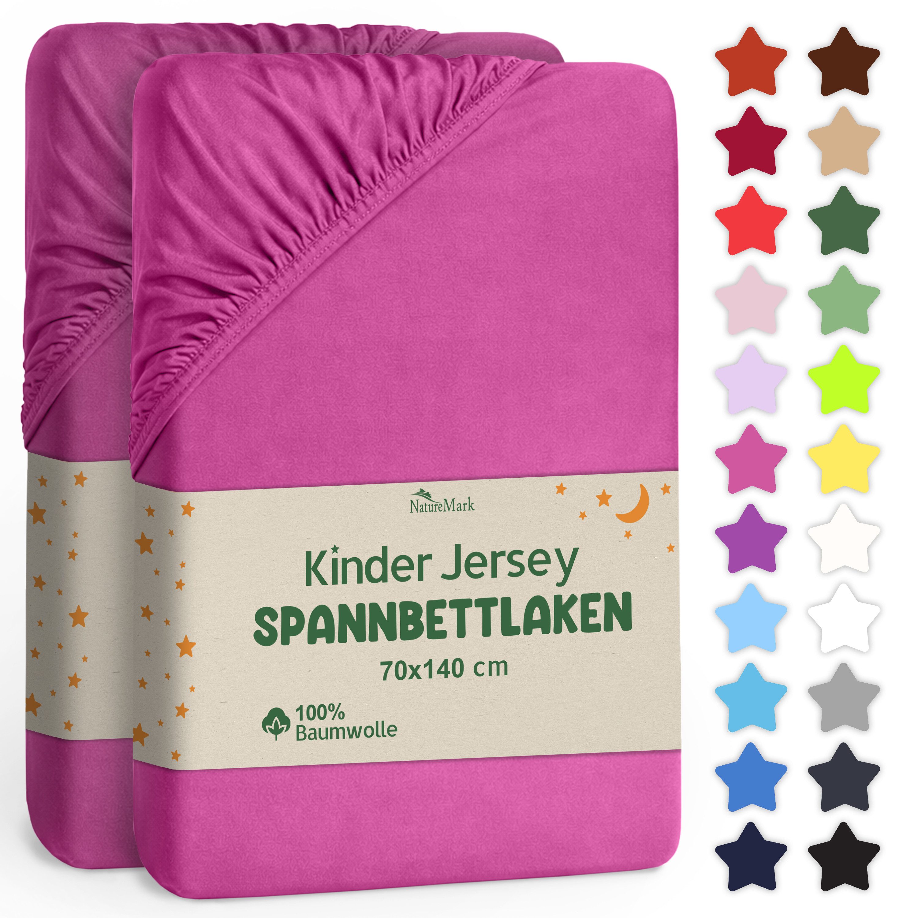 NatureMark Spannbettlaken Jersey Spannbetttuch, 100% Baumwolle, Gummizug: rundum, (2 Stück), Kinder Spannbetttuch, für Baby-/Kinderbett, 70x140 cm, Pink