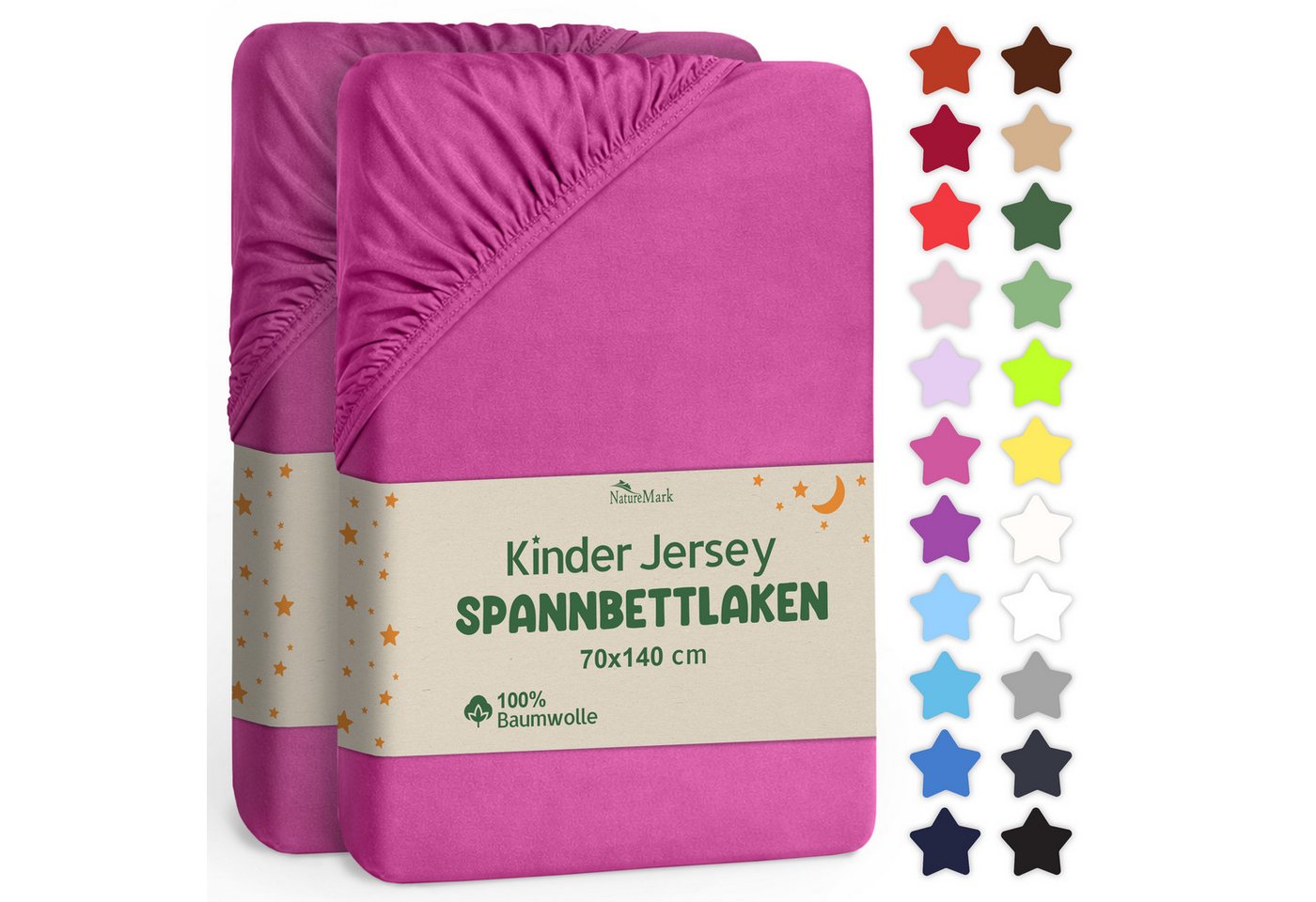 NatureMark Spannbettlaken Jersey Spannbetttuch, 100% Baumwolle, Gummizug: rundum, (2 Stück), Kinder Spannbetttuch, für Baby-/Kinderbett, 70x140 cm, Pink