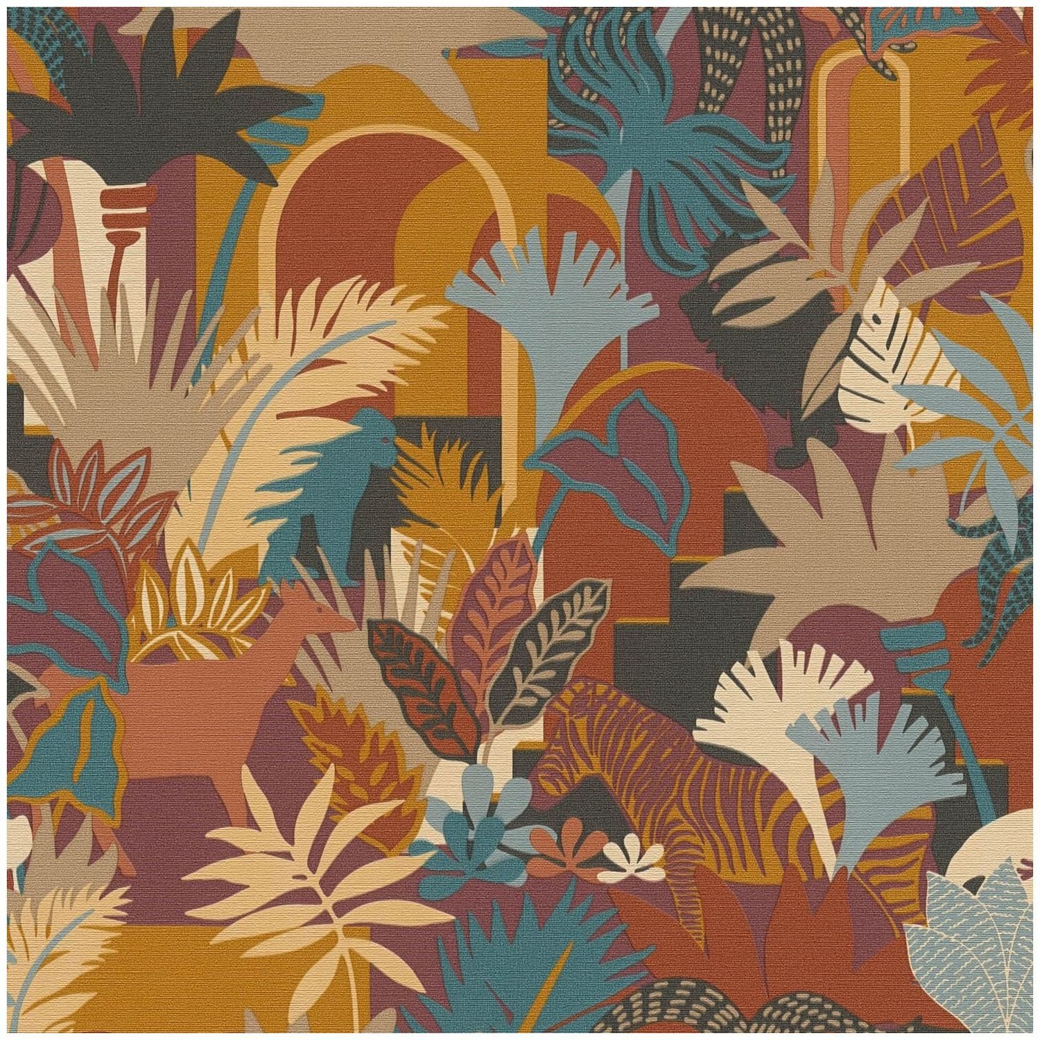 Profhome Vliestapete 390961-GU Retro Tapete Dschungel matt braun orange-rot petrol, geprägt, (1 Rolle, 5,33 qm), heißgeprägte Vliestapete, rostorange