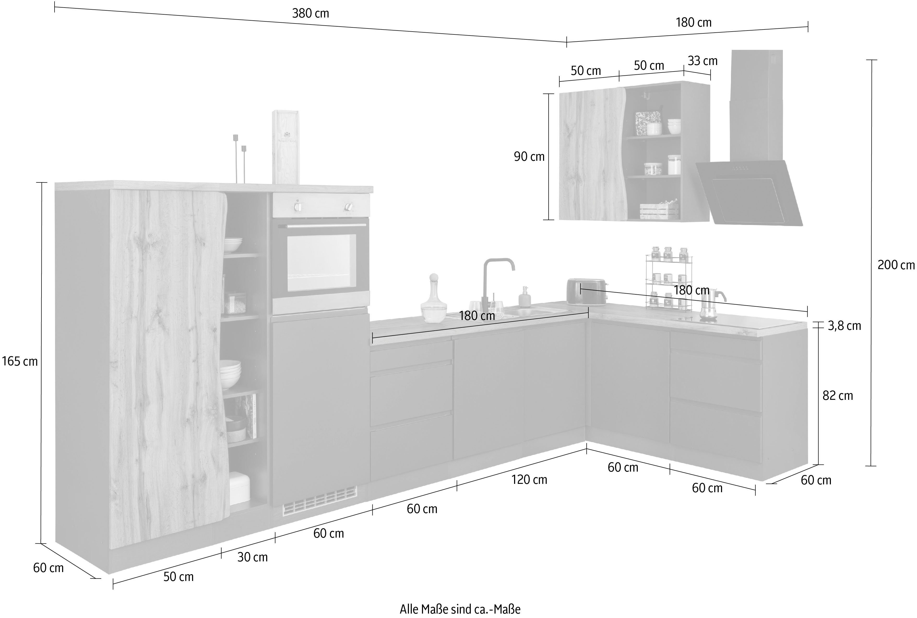 KOCHSTATION Winkelküche KS-Bruneck, Stellbreite 380/180 cm breit, ohne E-Geräten, MDF Fronten