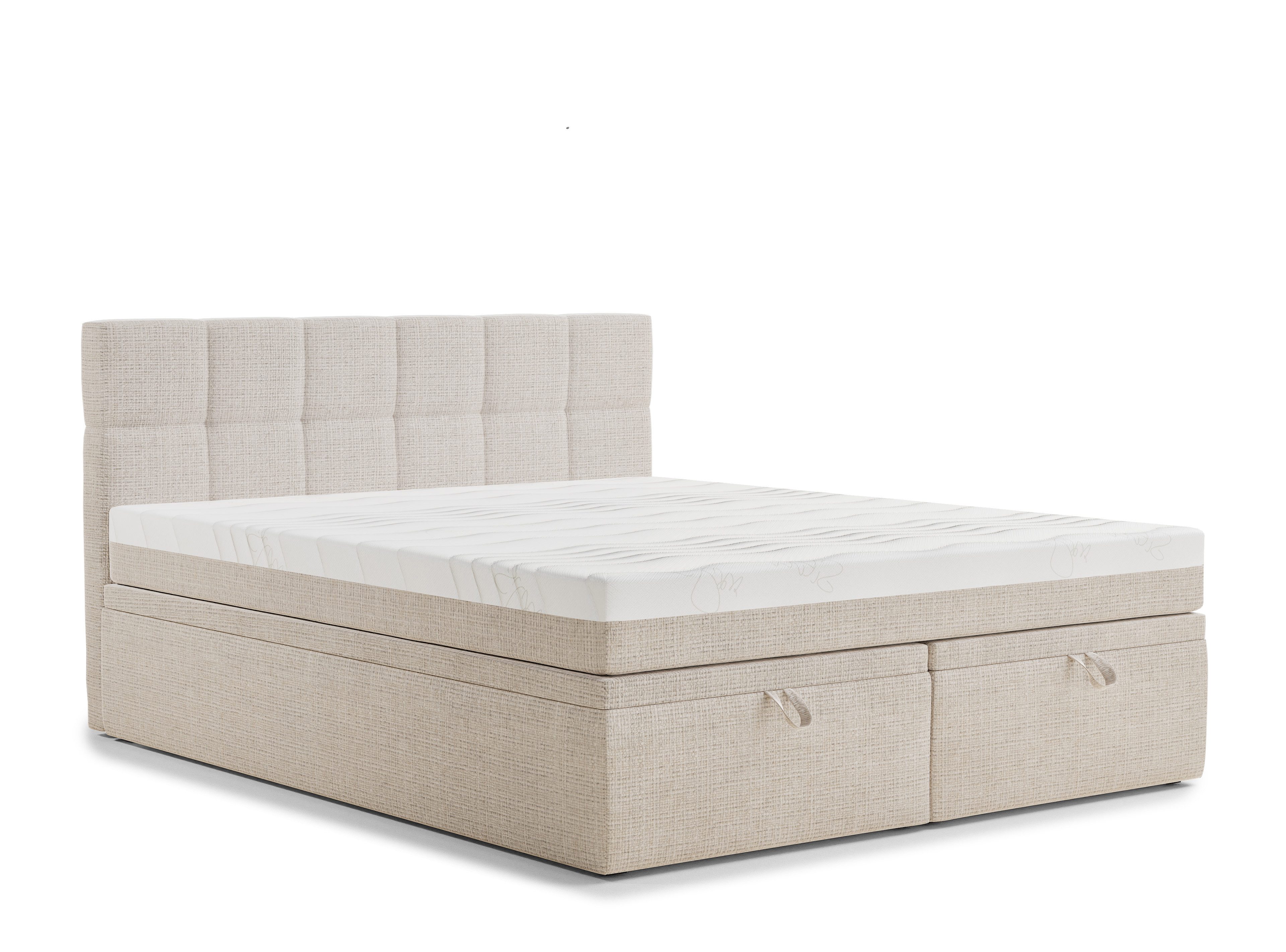 Maison de Rêve Boxbett Gotu S mit Bettkasten (Boxbett mit Matratze mit Stauraum und Kopfteil), Boxspringbett mit Matratzen H3, Doppelbett mit Stauraum, Kopfteil