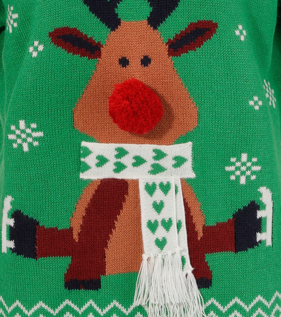 Aniston CASUAL Weihnachtspullover mit Bommel-Nase und Fransenschal