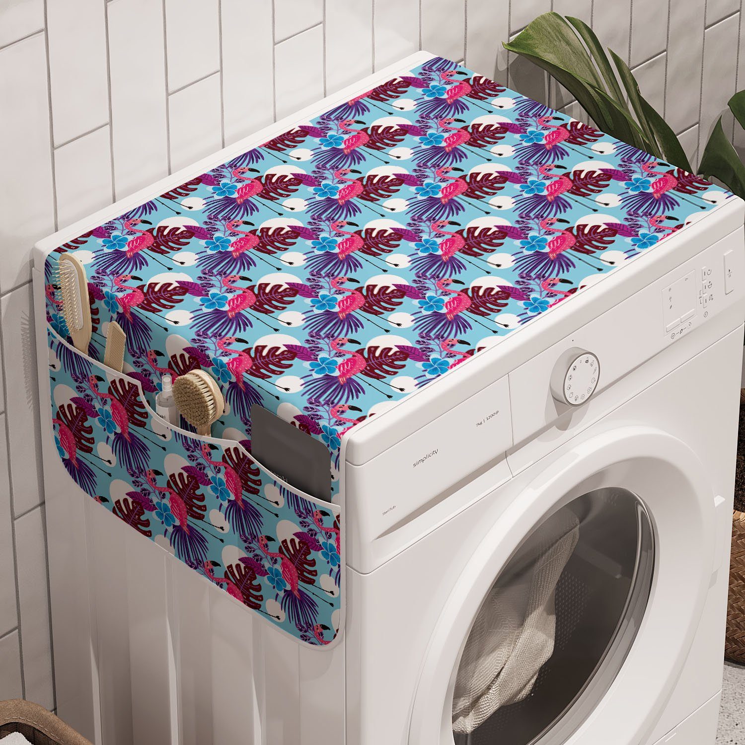 Abakuhaus Badorganizer Anti-Rutsch-Stoffabdeckung für Waschmaschine und Trockner, Tropisch Exotische Pflanzen und Flamingo