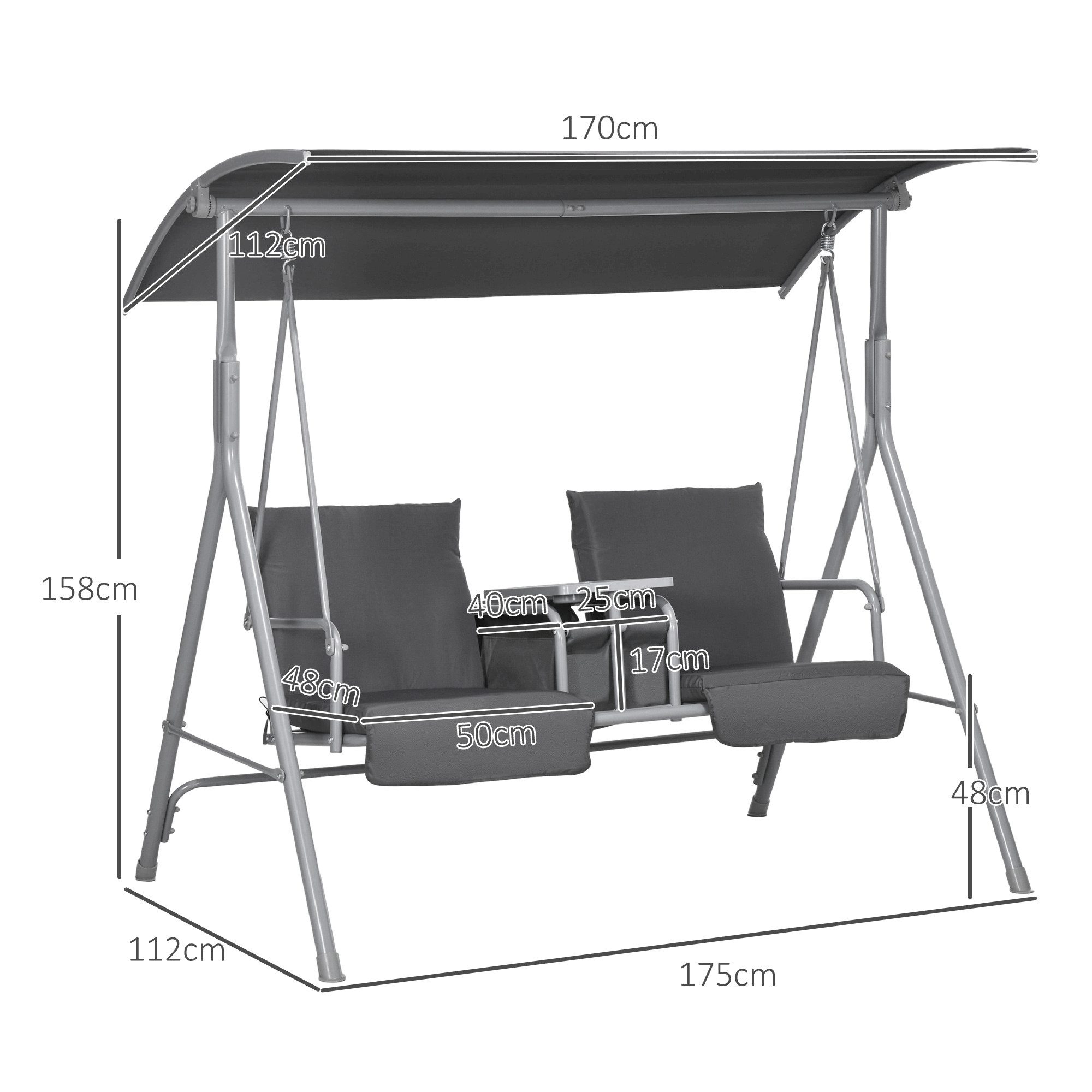 Outsunny Hollywoodschaukel, 2-Sitzer, Schaukeln, Sonnenschutz, Gartenschaukel, 1 tlg., Schaukelbank mit Baldachin, Sonnendach verstellbar