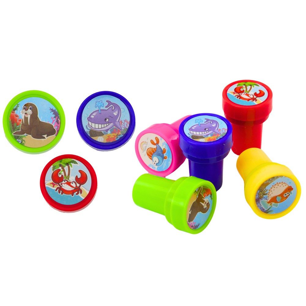 LEAN TOYS Stempel Motivstempel Kinderstempel Bastelstempel, Selbstfärbend, 12 Meerestier-Motive, 6 Farben, ab 3 Jahren