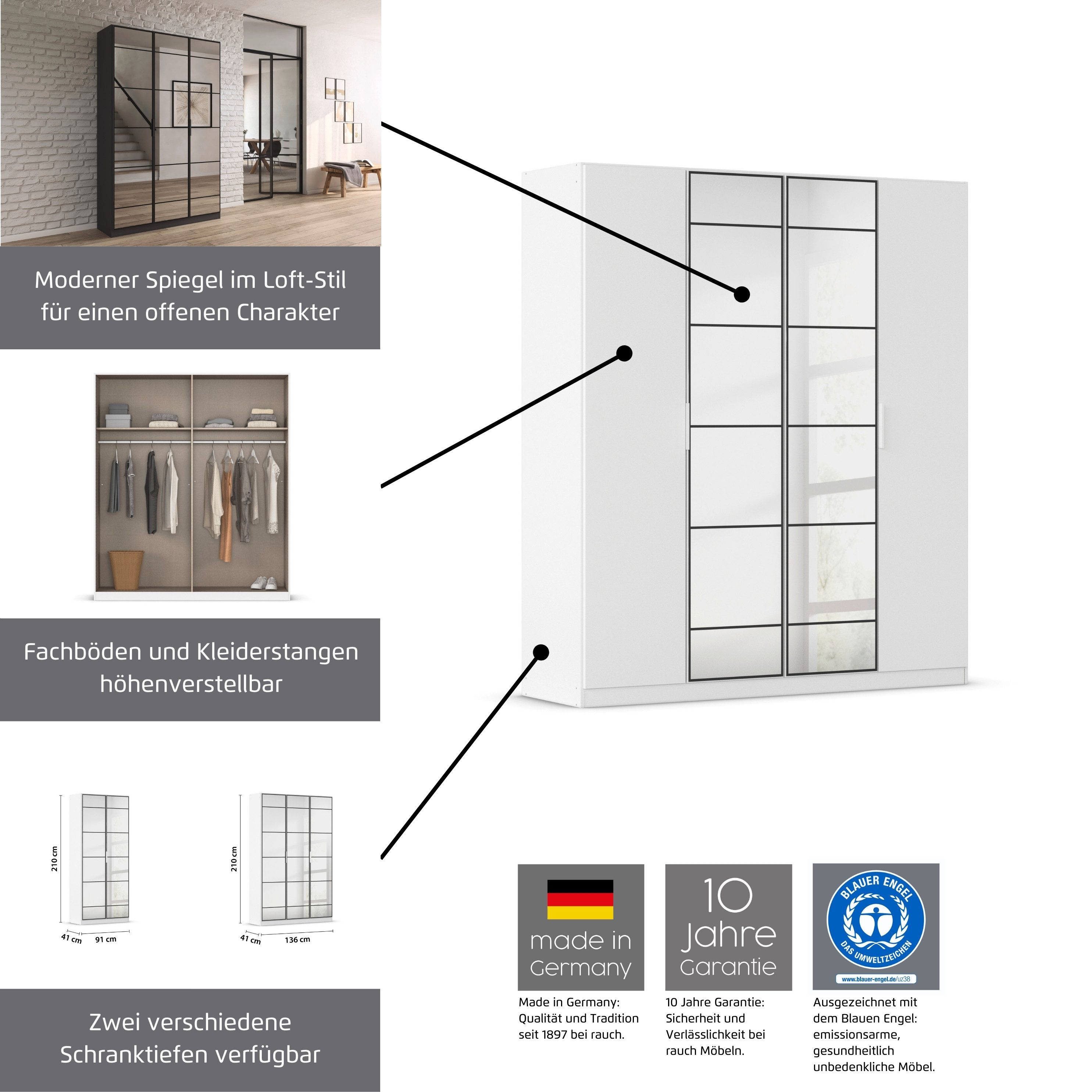 rauch Drehtürenschrank Kleiderschrank Schrank Garderobe Schlafzimmerschrank ACERO (praktisch in Tiefe 41 cm mit vielen Einlegeböden) Spiegelfront in moderner Lo – Bild 5 von 5