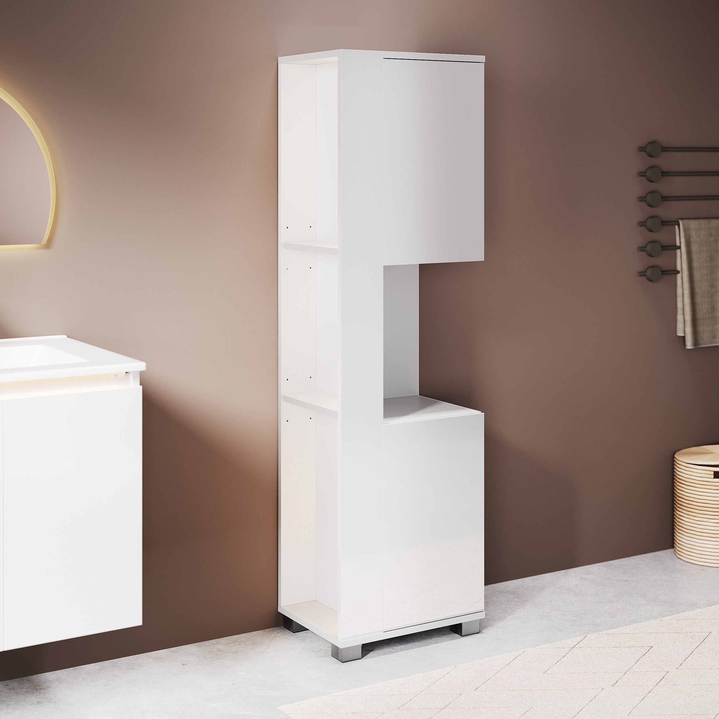 SONNI Hochschrank Badezimmerschrank Hochschrank Höhe:138/180cm mit Beleuchtung Badschrank schmal Hochglanz Weiss 40cm breit