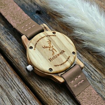 Holzwerk Quarzuhr CLARA BROWN kleine Damen Holz & Leder Armband Uhr, braun, beige