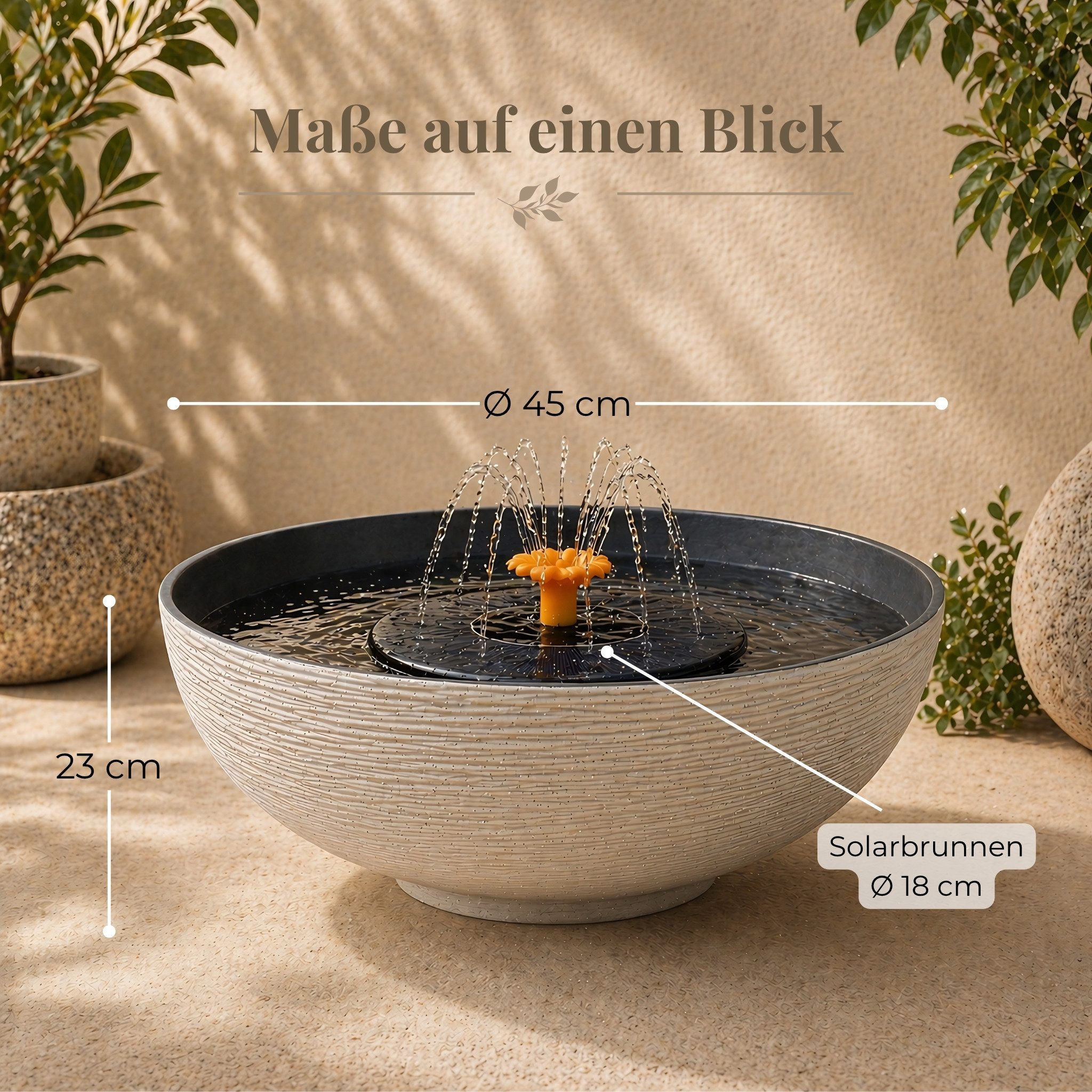 matches21 HOME & HOBBY Wasserspiel Solar Brunnen Set inkl. Akku - 45 cm Schale in sand, (2 tlg), Solar Springbrunnen und Brunnenschale als Gartendeko