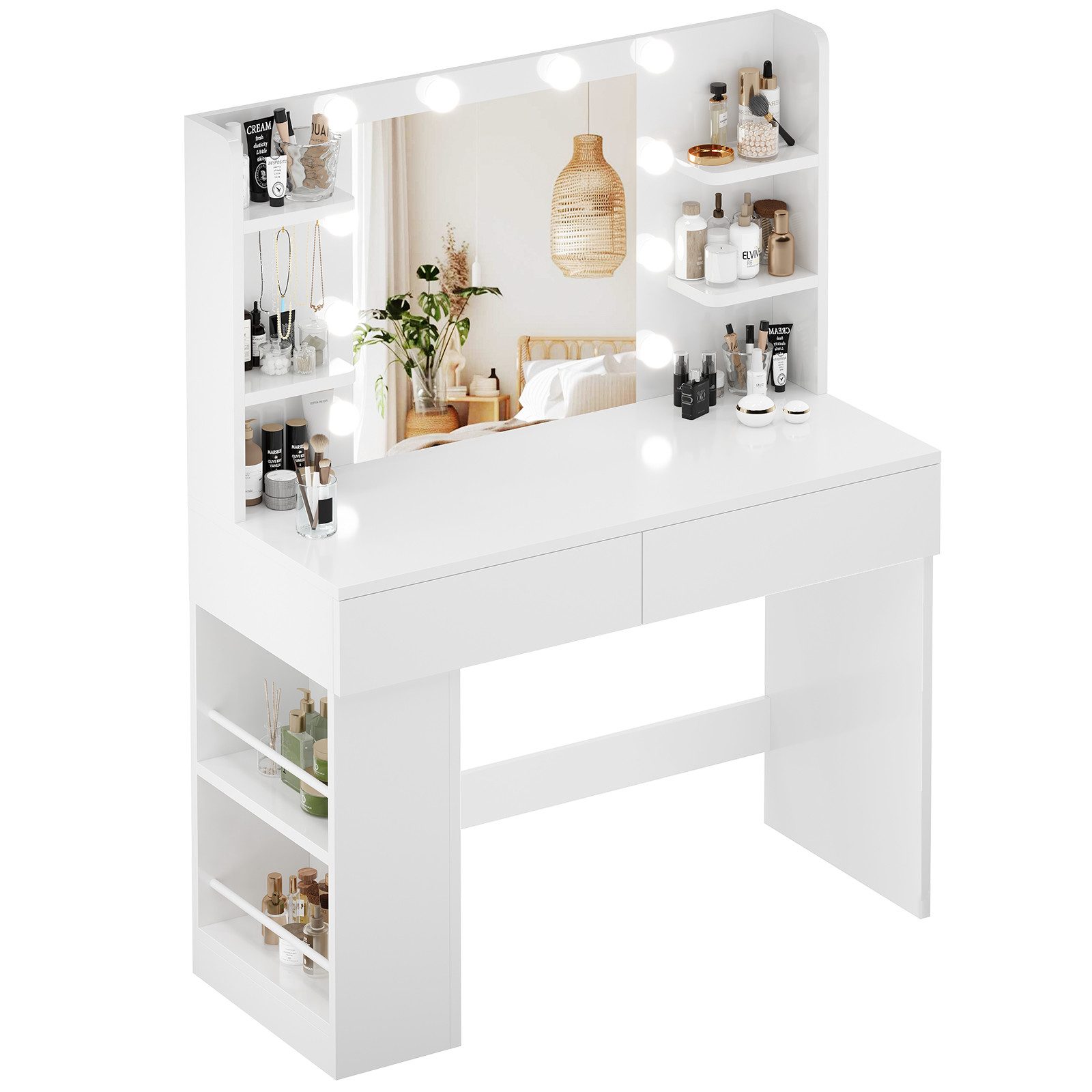 HOMALL Schminktisch Mit dreifarbiger LED-Beleuchtung, Helligkeit einstellbar (Länge × Breite × Höhe) 90 × 40 × 137 cm, mit Steckdose und 2 USB-Anschlüssen, seitliche Schränke links und rechts austauschbar, 8 offene Ablagefächer, 2 Schubladen, 4 Schmuckhaken)