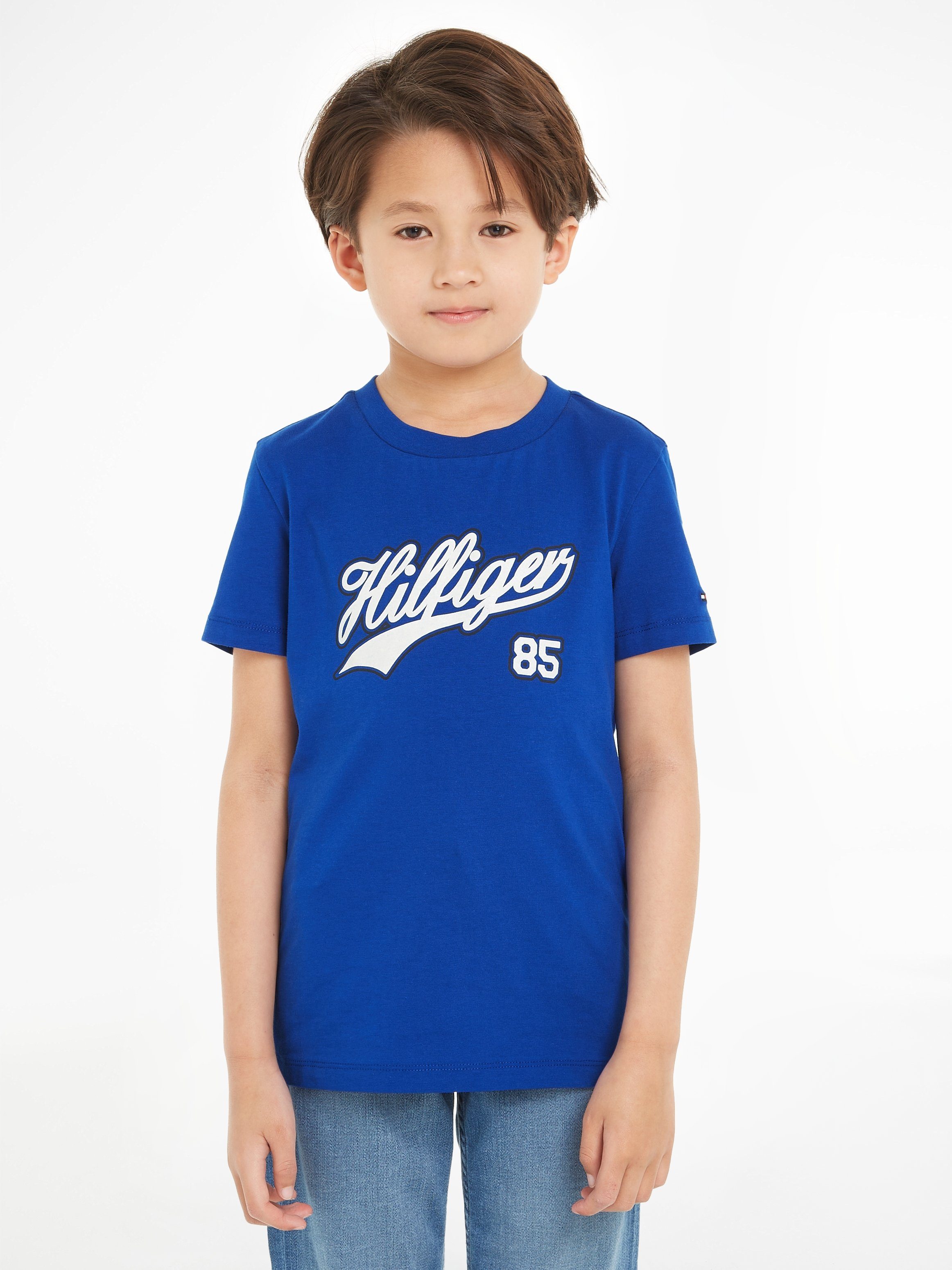 Hilfiger SCRIPT T-Shirt Tommy blue großem TEE Logoschriftzug ultra mit HILFIGER S/S