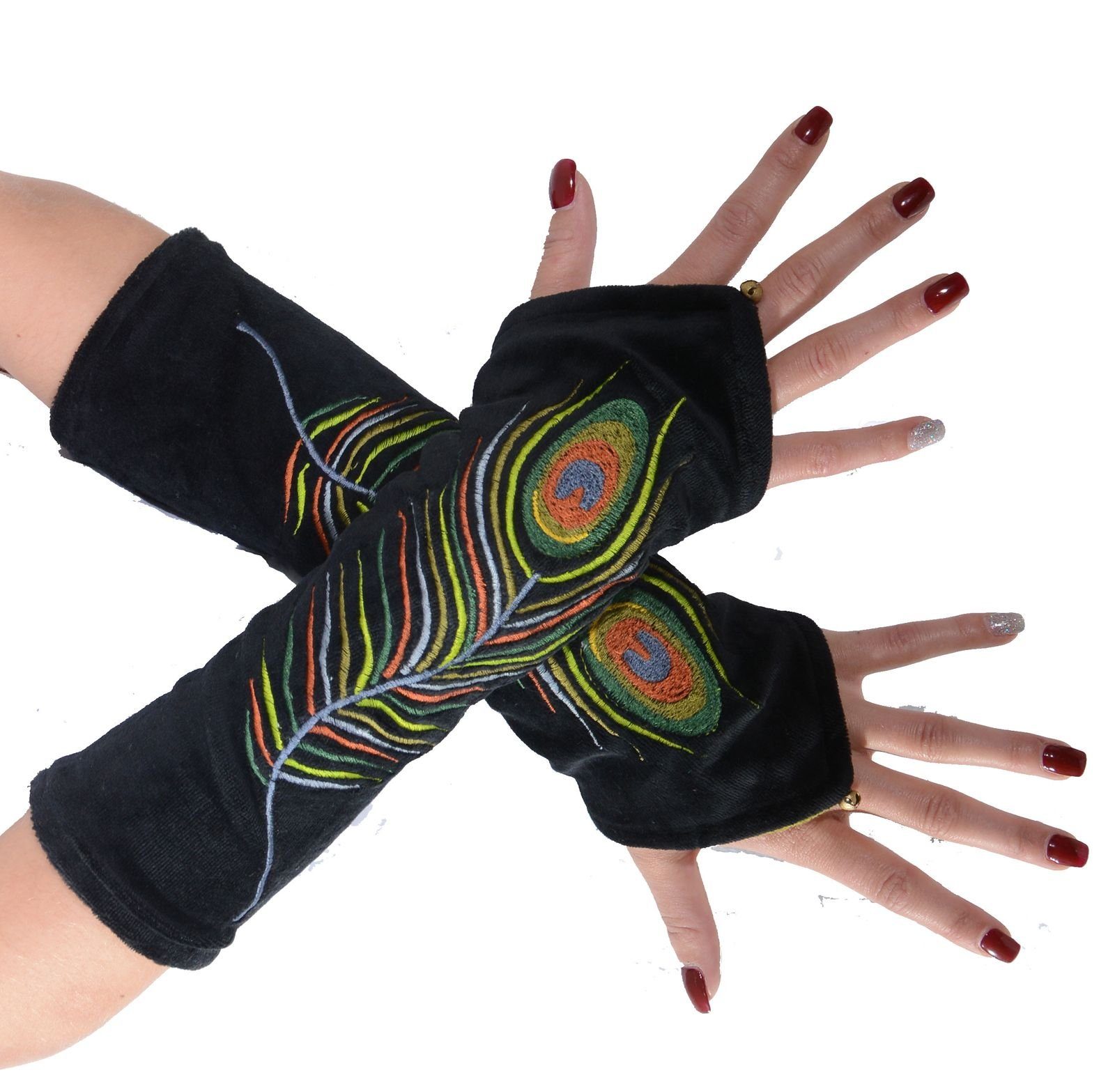 KUNST UND MAGIE Armstulpen Kunst&Magie Samt Armstulpen Handwärmer "Pfauenfeder" Handschuhe