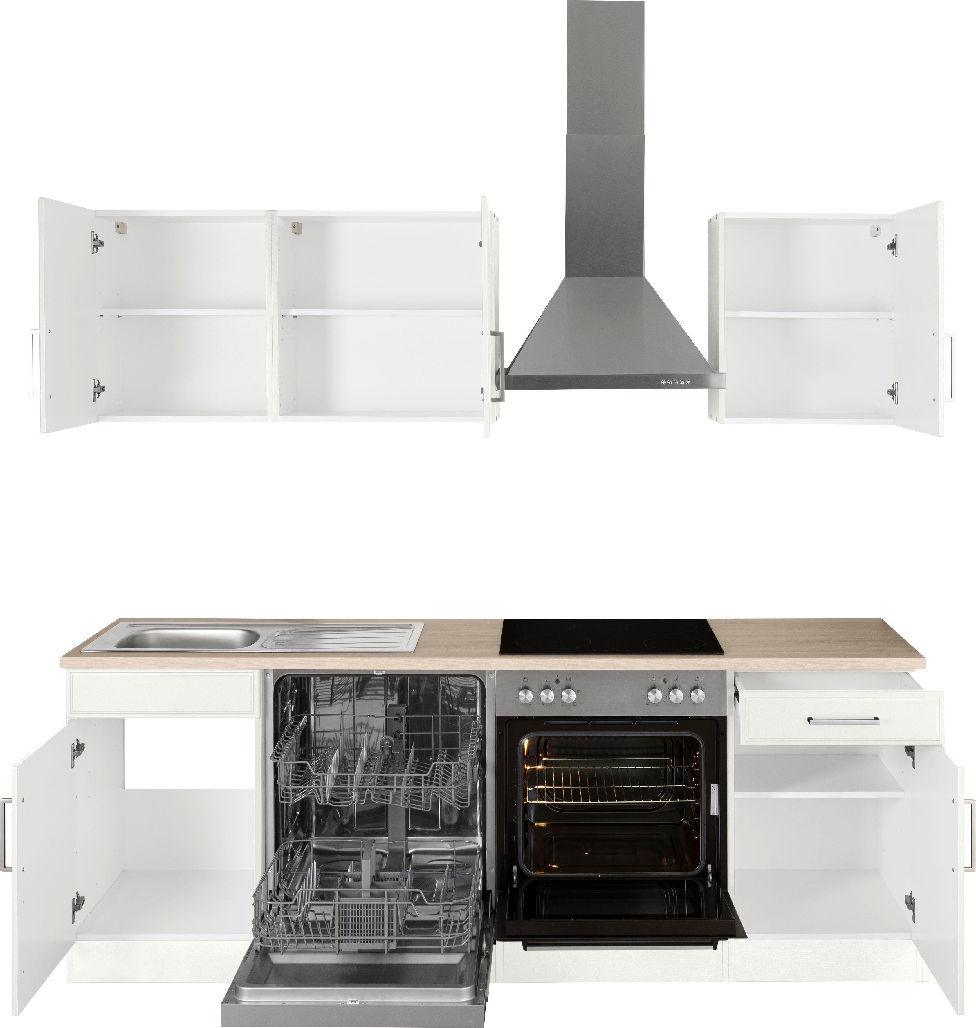 KOCHSTATION Küchenzeile KS-Stockholm – Küche mit hochwertiger und detailreicher Landhausfront, Breite 220 cm, wahlweise mit E-Geräten,mit MDF-Fronten