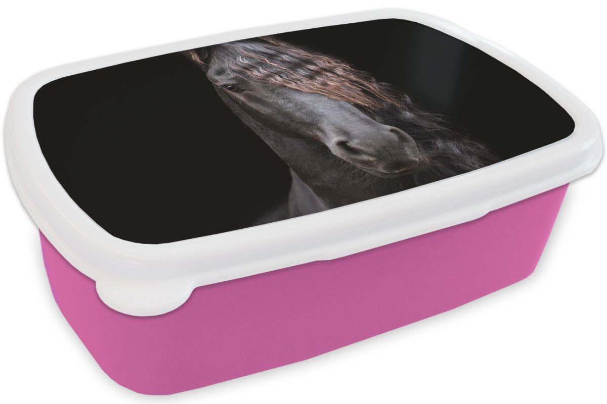 Pferde Mähne - Kinder, (2-tlg), Brotbox Tiere, Kunststoff, - Friesisch Schwarz Kunststoff - Brotdose Erwachsene, für MuchoWow - rosa Lunchbox Snackbox, Mädchen,