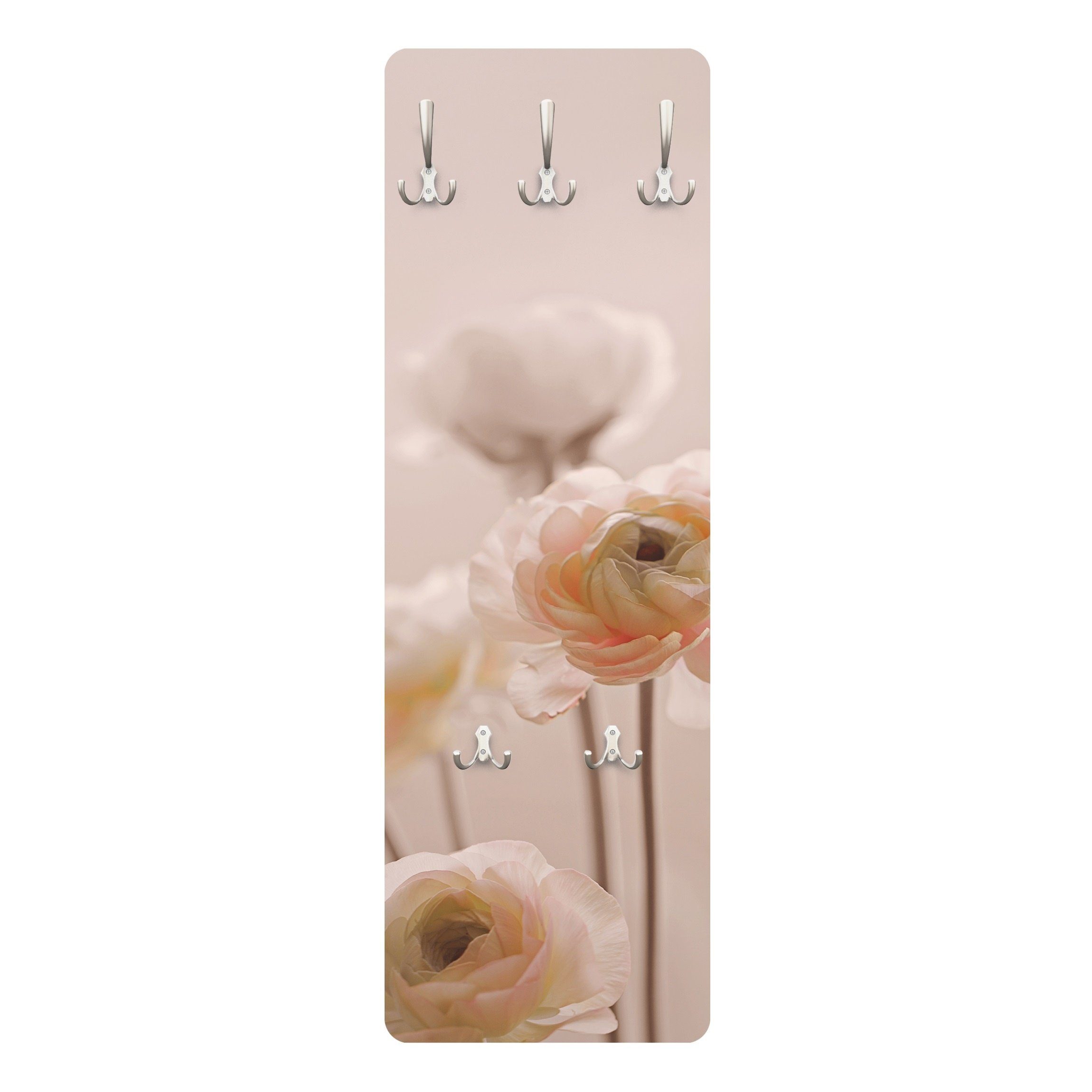 Bilderdepot24 Garderobenpaneel rosa Blumen Floral Zarter Strauch an Rosa Blüten Design (ausgefallenes Flur Wandpaneel mit Garderobenhaken Kleiderhaken hängend), moderne Wandgarderobe - Flurgarderobe im schmalen Hakenpaneel Design