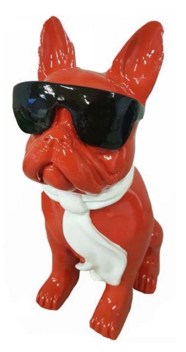 Casa Padrino Skulptur Luxus Deko Skulptur Hund Bulldogge Rot / Weiß / Schwarz H. 80 cm - Große Deko Figur - XXL Deko Skulptur - XXL Deko Figur - Wohnzimmer Deko - Garten Deko - Luxus Deko XXL Figuren