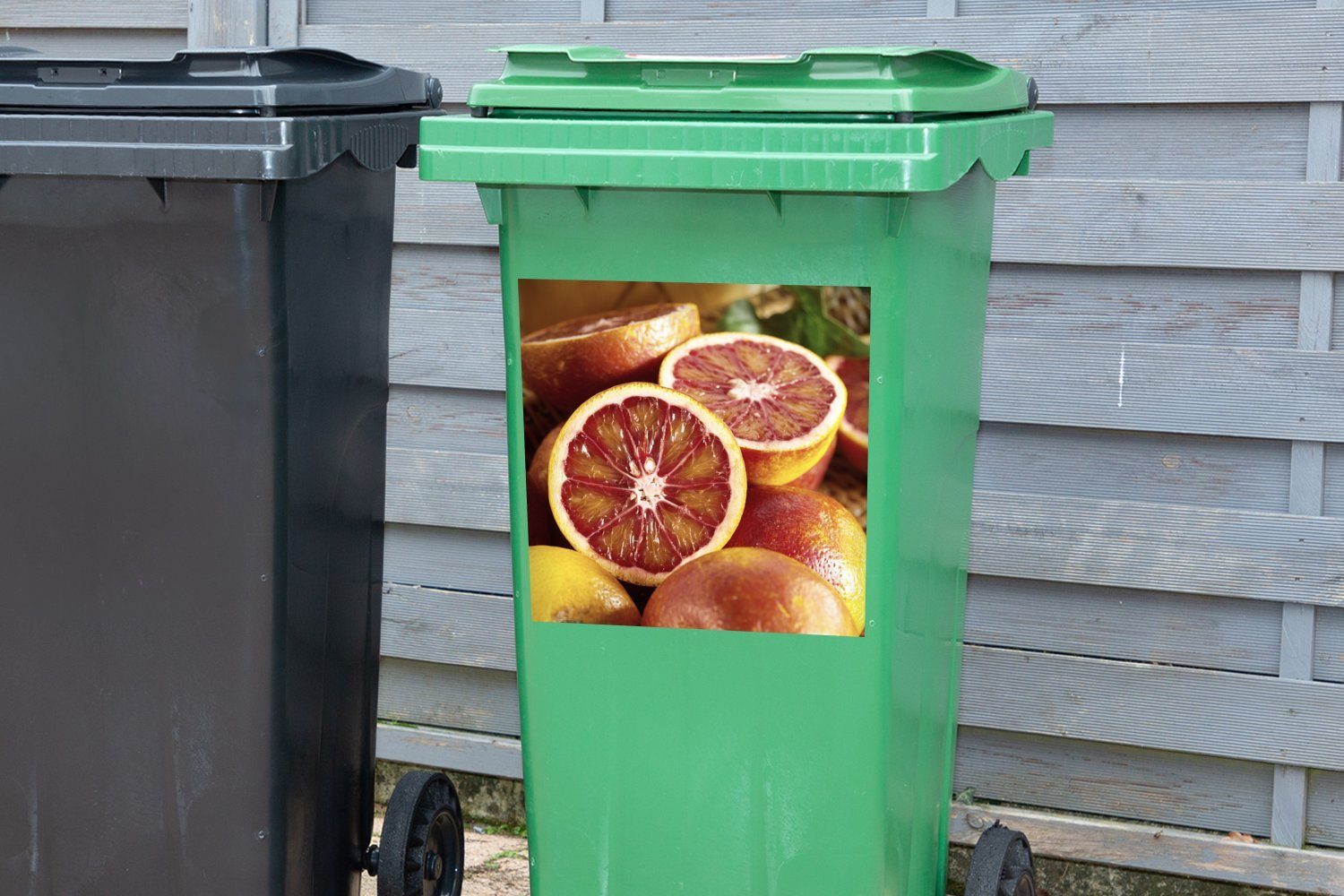 Wandsticker St), MuchoWow Sticker, Obst Mülltonne, Orange Container, (1 - Zitrusfrüchte Abfalbehälter - Mülleimer-aufkleber,