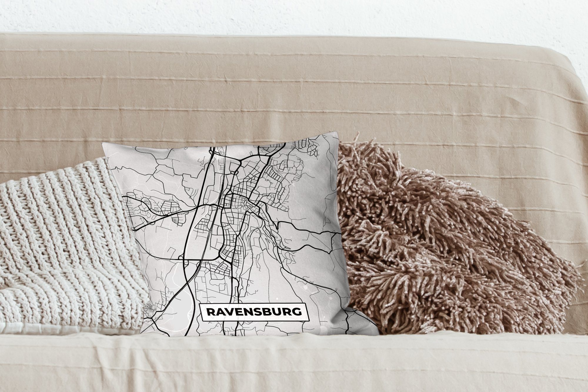 MuchoWow Dekokissen Deutschland Stadtplan - für Sofakissen Deko, Ravensburg Wohzimmer, - mit Füllung Karte, Zierkissen Schlafzimmer, 