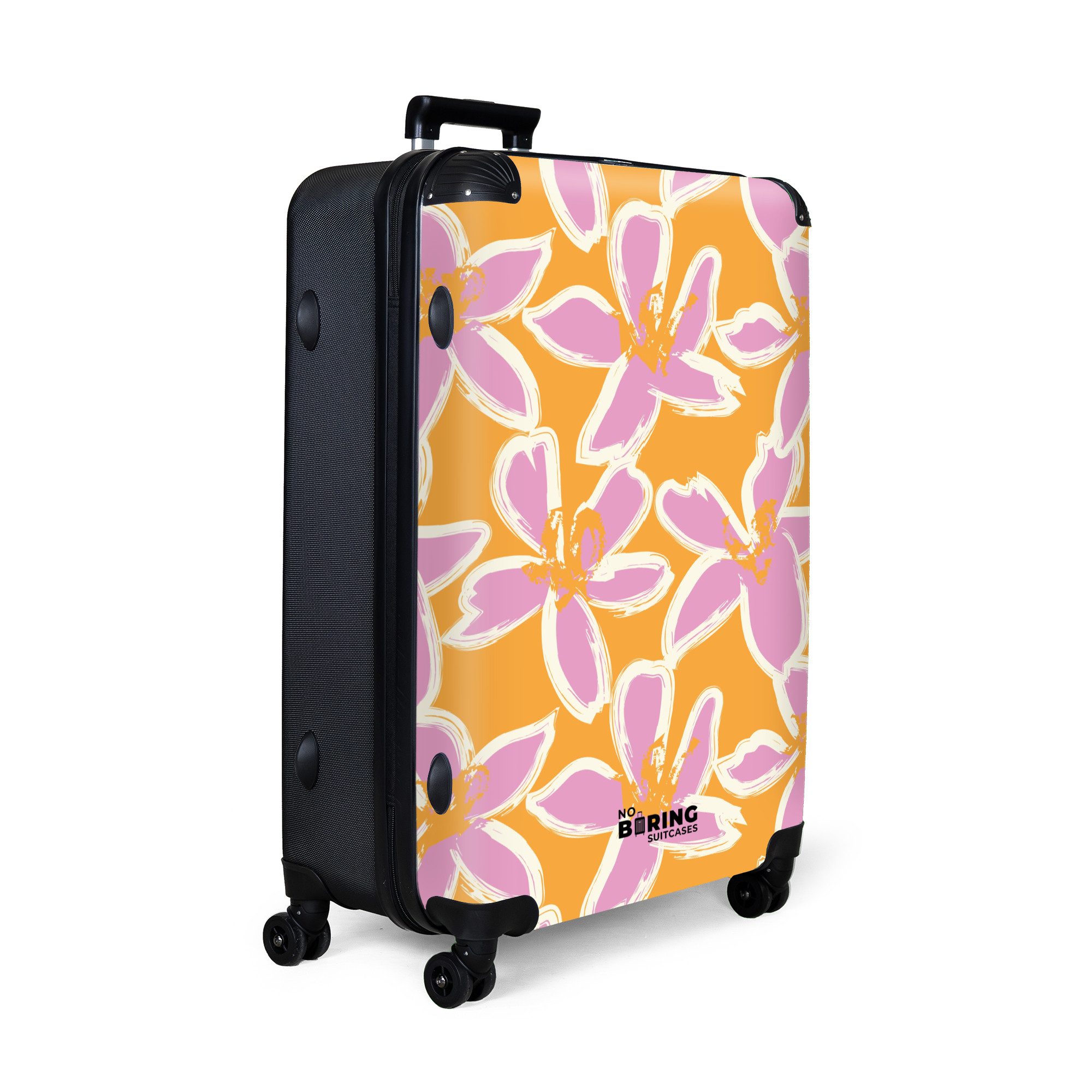 NoBoringSuitcases.com© Hartschalen-Trolley Orange mit rosa Blüten günstig online kaufen