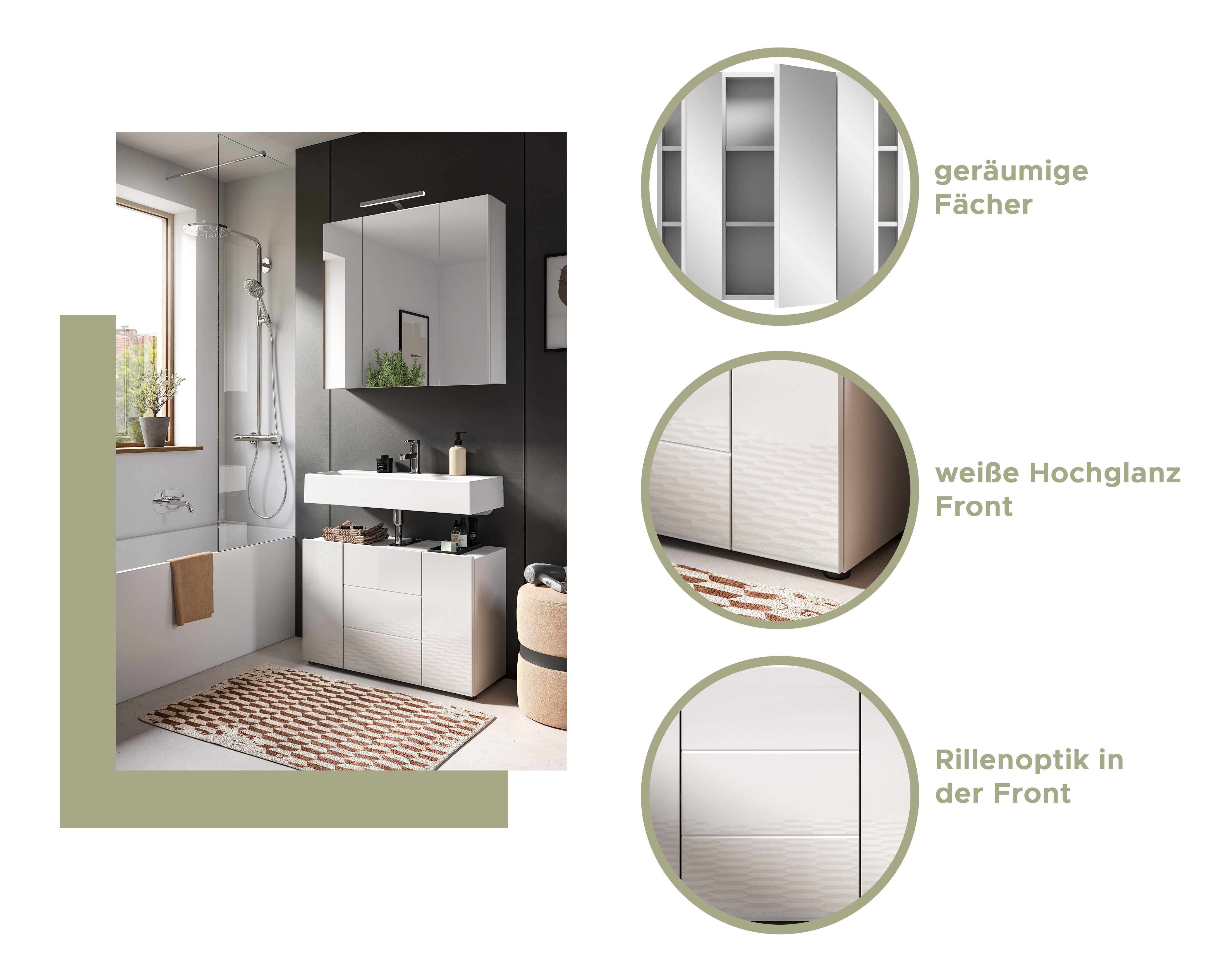 furnling Badmöbel-Set Vera, (2-St., bestehend aus Spiegelschrank, Waschbeckenunterschrank), Breite 60 cm, Hochglanz Front, Badschrank, Badmöbel