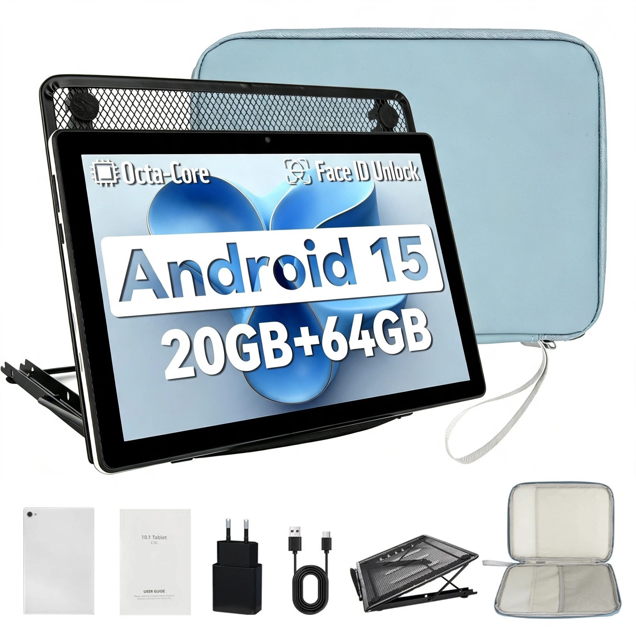 BUFO 10 Zoll 64GB ROM, HD Display, 5000 mAh, WiFi 6 Bluetooth Tablet (10", 64 GB, Android 15, 2,4G/5G WiFi, mit Tasche und Kühlständer, Stereo Lautsprecher)