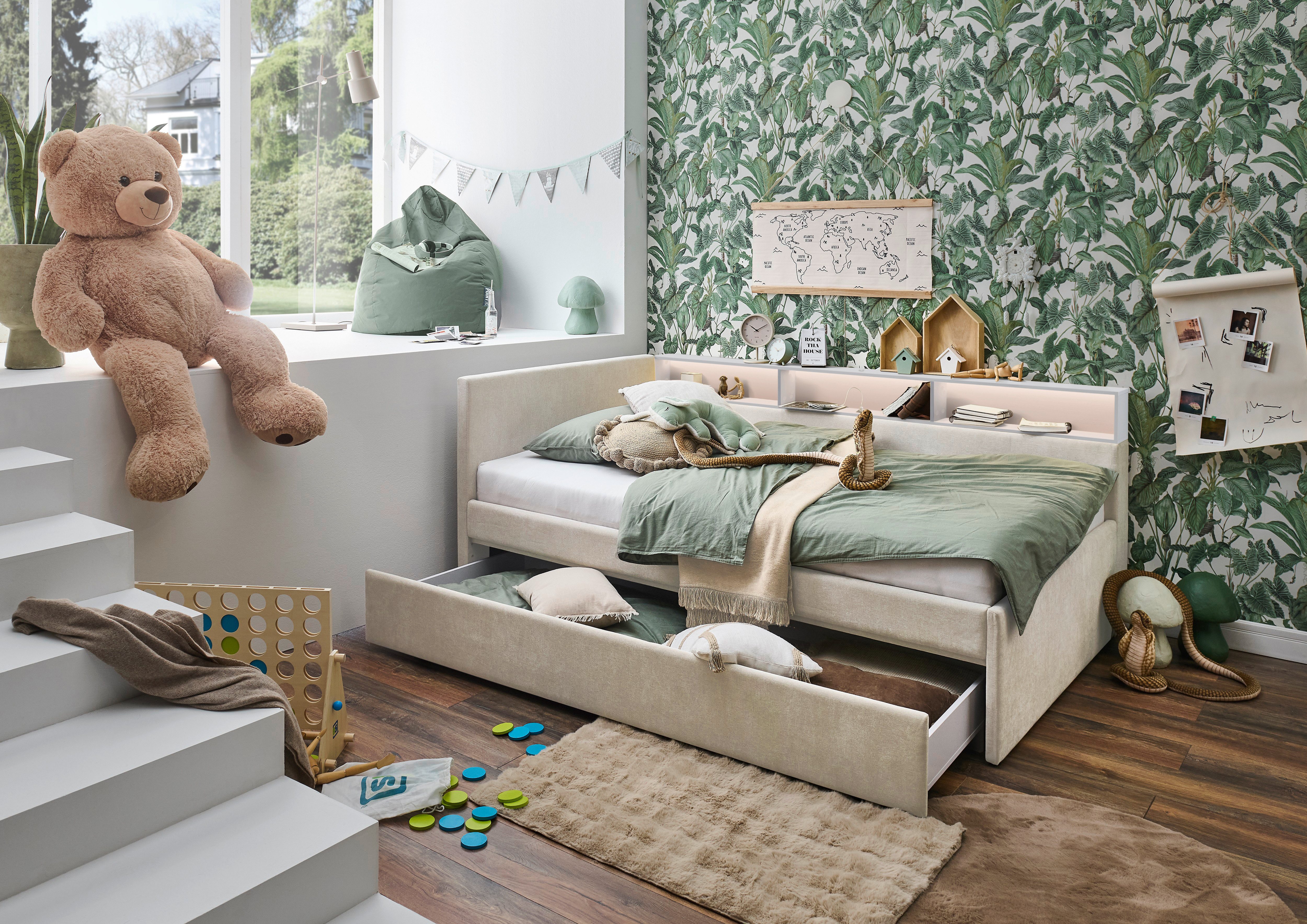 meise.möbel Kinderbett UNO, Polsterbett wahlweise mit Tandemliege oder Stauraum-Schublade (Bett mit Aufsatzregal in weiß oder eiche, mit LED-Regalbeleuchtung), Liegefläche 90x200, 120x200, 140x200cm