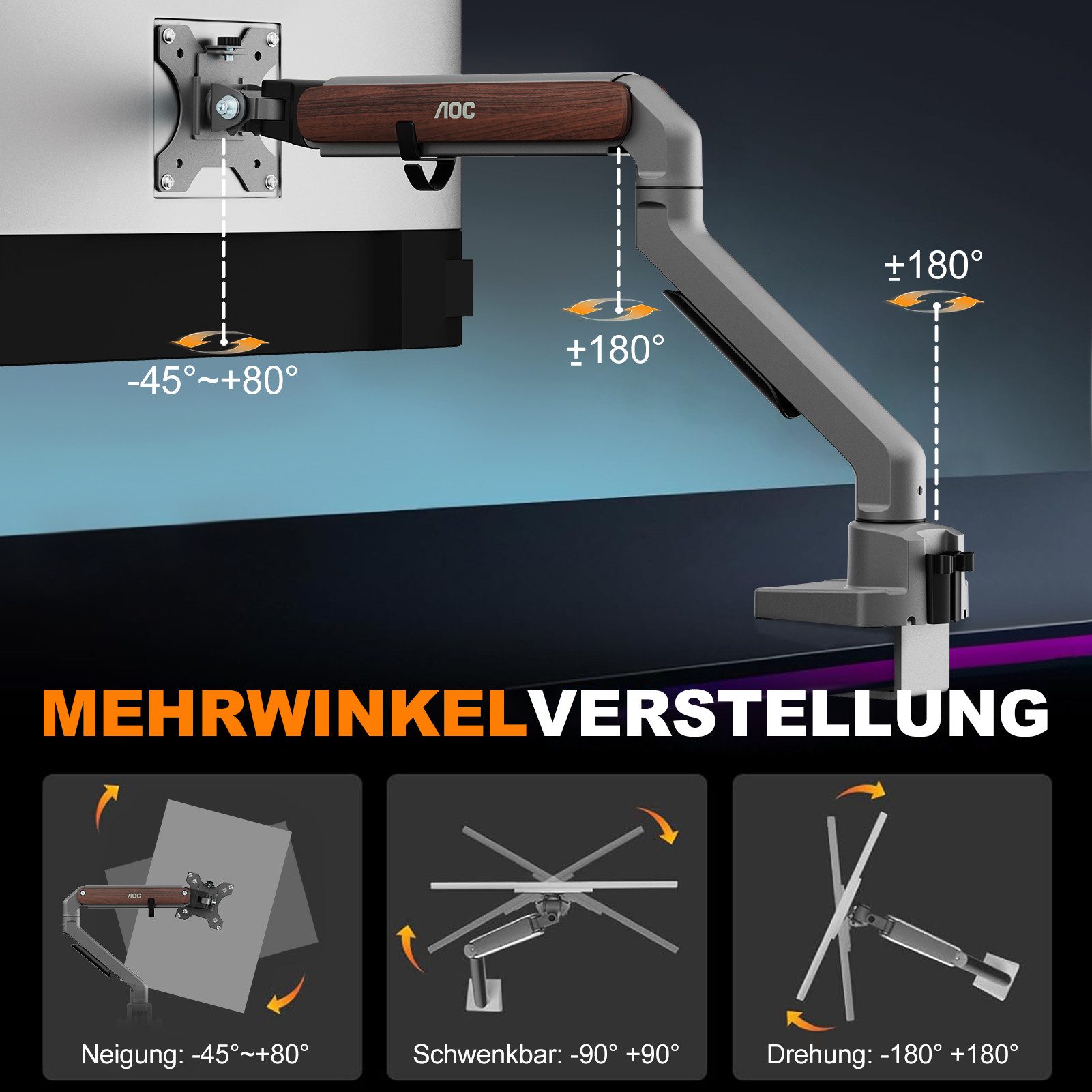 AOC Monitor-Halterung 17-32 Zoll, bis 9 kg, VESA 75x75-100x100,AM200, (bis 32 Zoll, Packung, neigbar,schwenkbar,drehbar,Gasdruckfeder,Kabelmanagement)