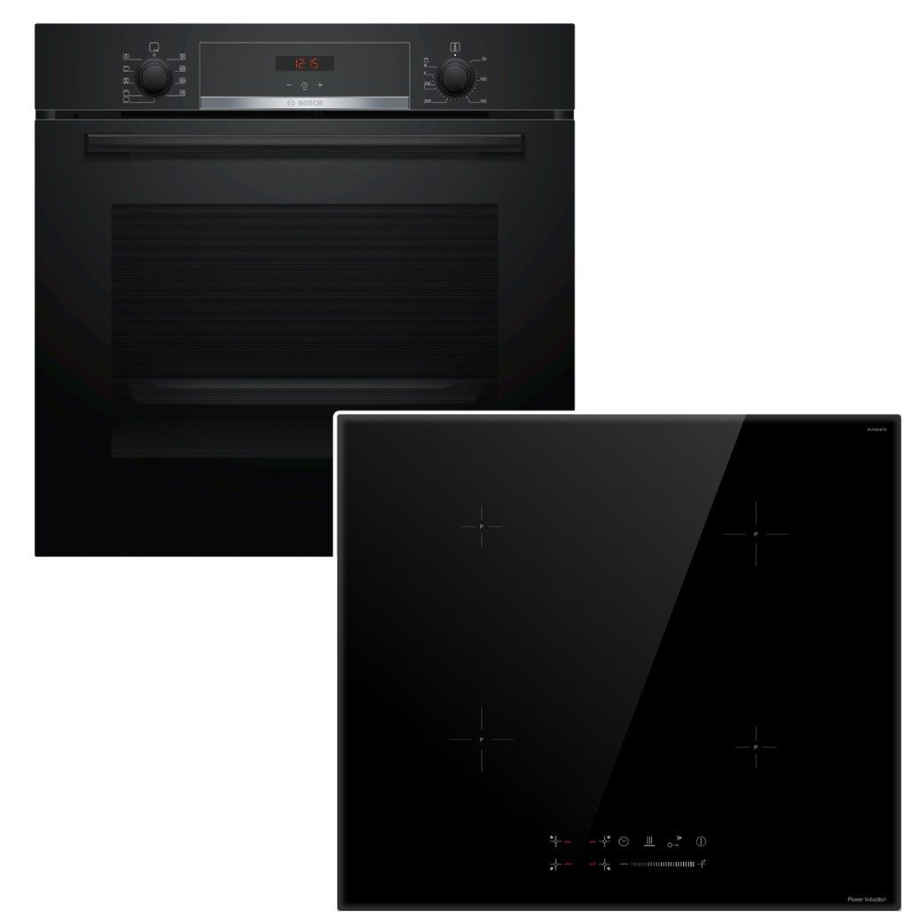 BOSCH Backofen-Set Backofen Hydrolyse Teleskopauszug + keenberk Induktionskochfeld Boost, mit 1-fach Teilauszug, Hydrolyse EcoClean Direct