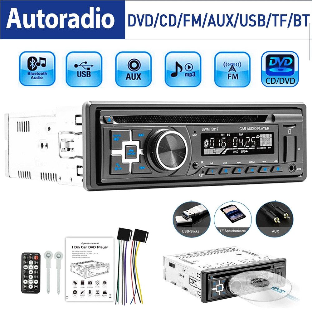 ESSGOO CD DVD Player MP3 USB FM AUX Eingang Radio Single 1 DIN Bluetooth Autoradio (FM, Mit Bluetooth Freisprecheinrichtung FM Fernbedienung,CD, DVD)