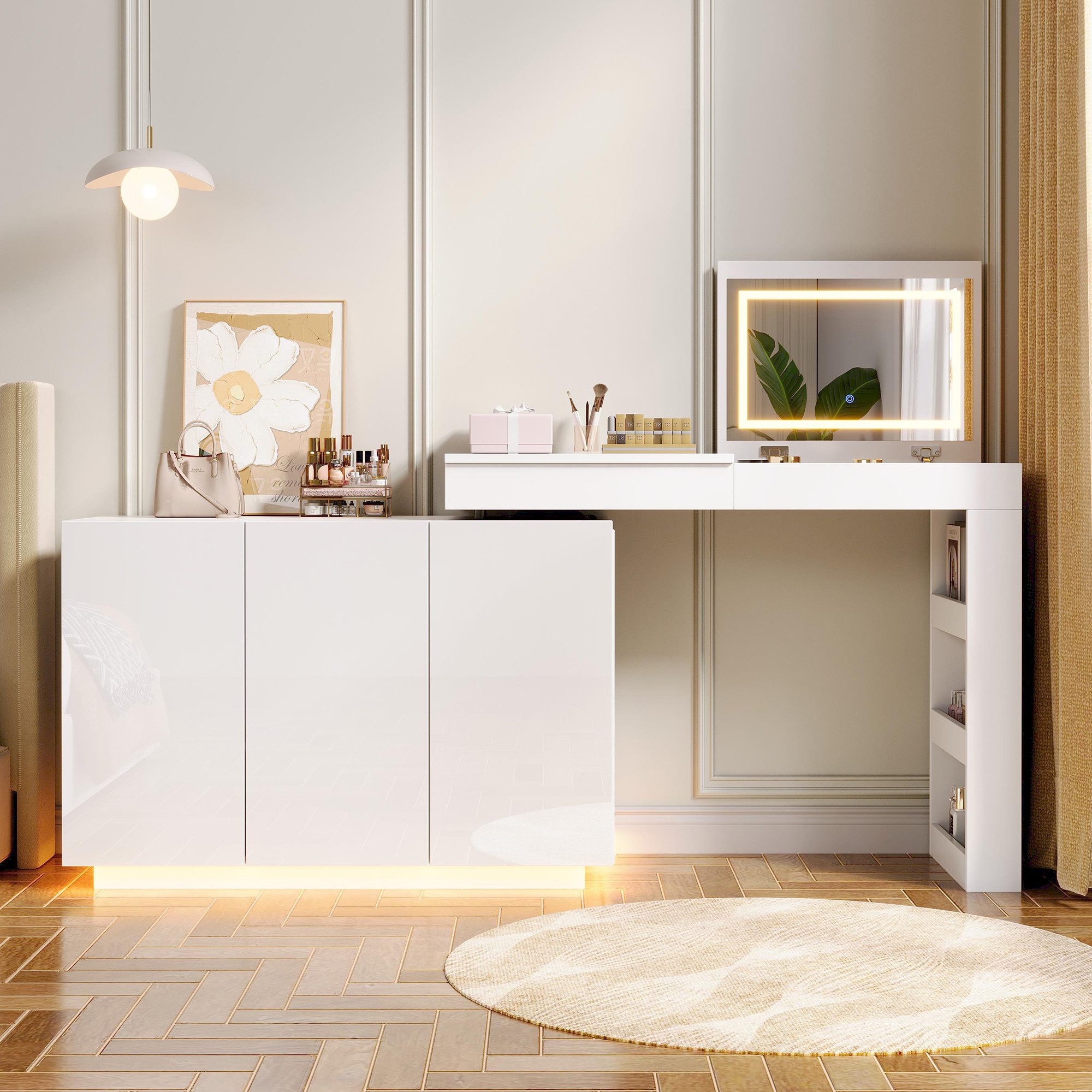 Flieks Schminktisch, L-förmiger drehbarer Schminktisch 100×40×80cm mit LED-Leiste, Spiegel