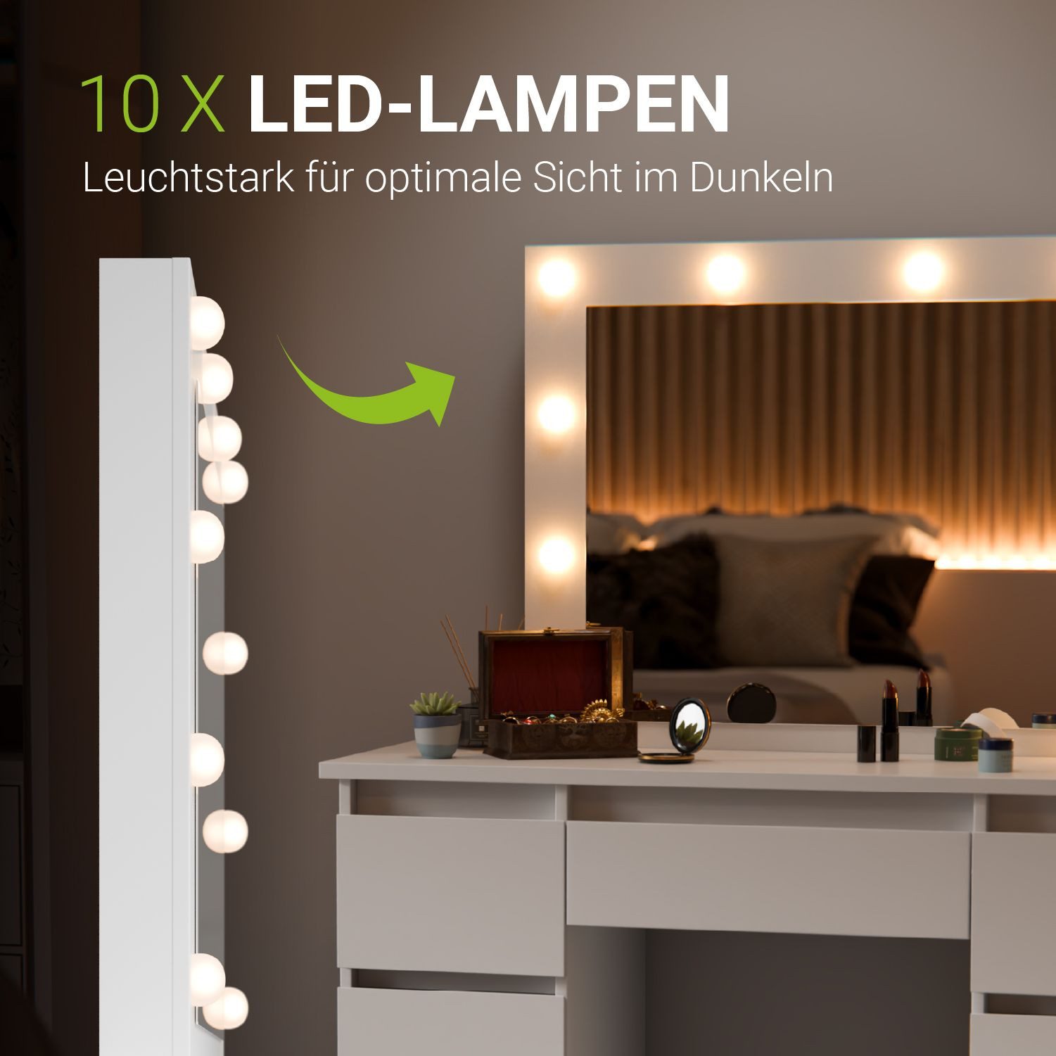 Juskys Schminktisch Talea (3-St), LED-Beleuchtung, 3 Helligkeitsstufen, modern, 7 Schubladen, Stauraum