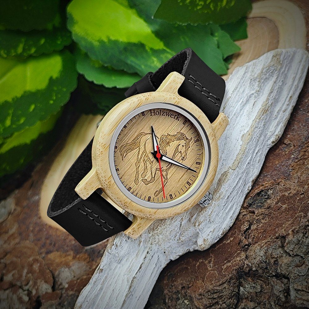 Holzwerk Quarzuhr LIL TORI BLACK Kinder Leder & Holz Armband Uhr, Pferd Motiv, schwarz