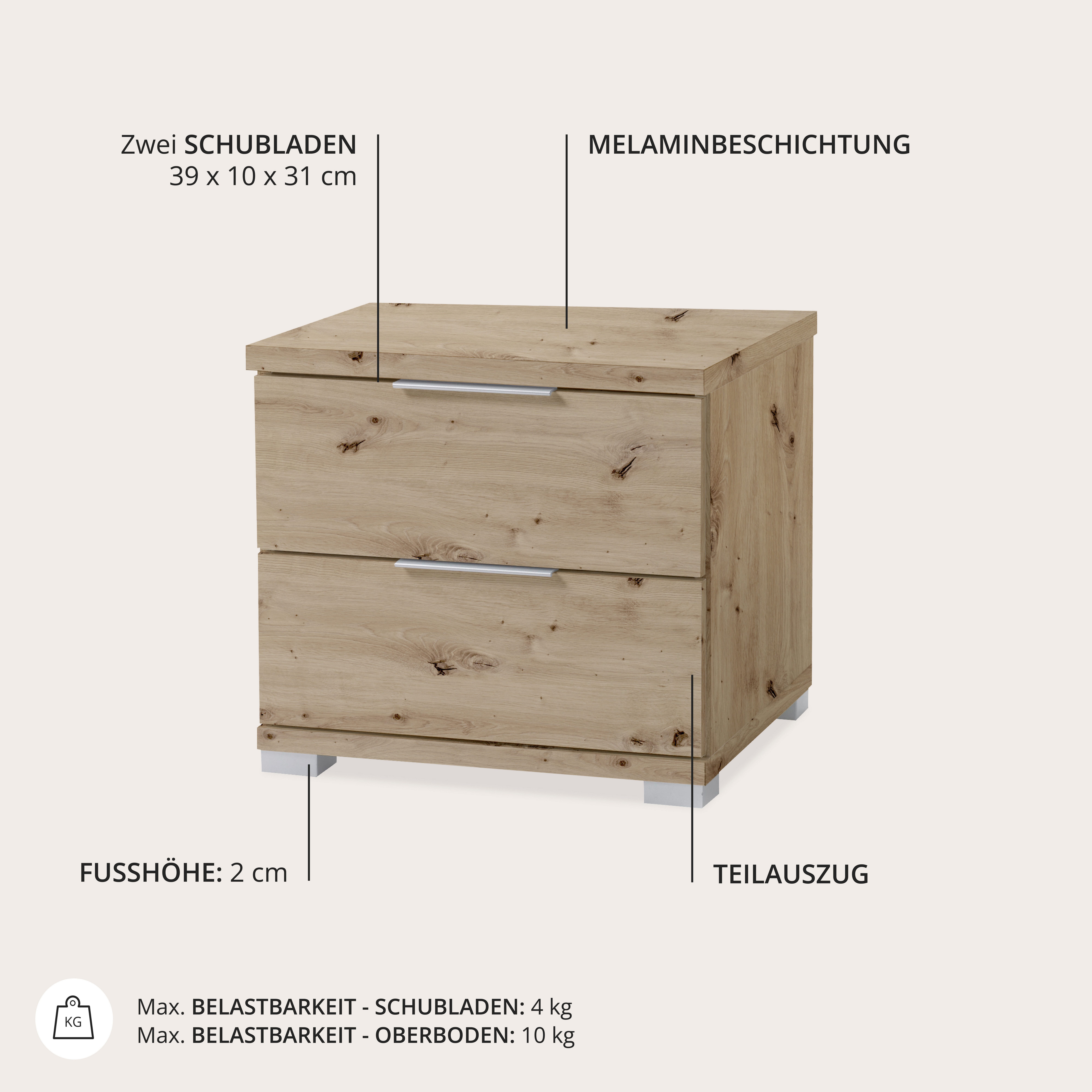 Schlafkontor Nachtkommode Smilla Nachttisch, Nachtkonsole mit Schubkästen, Korpus melaminbeschichtet, silberfarbige oder schwarze Griffe