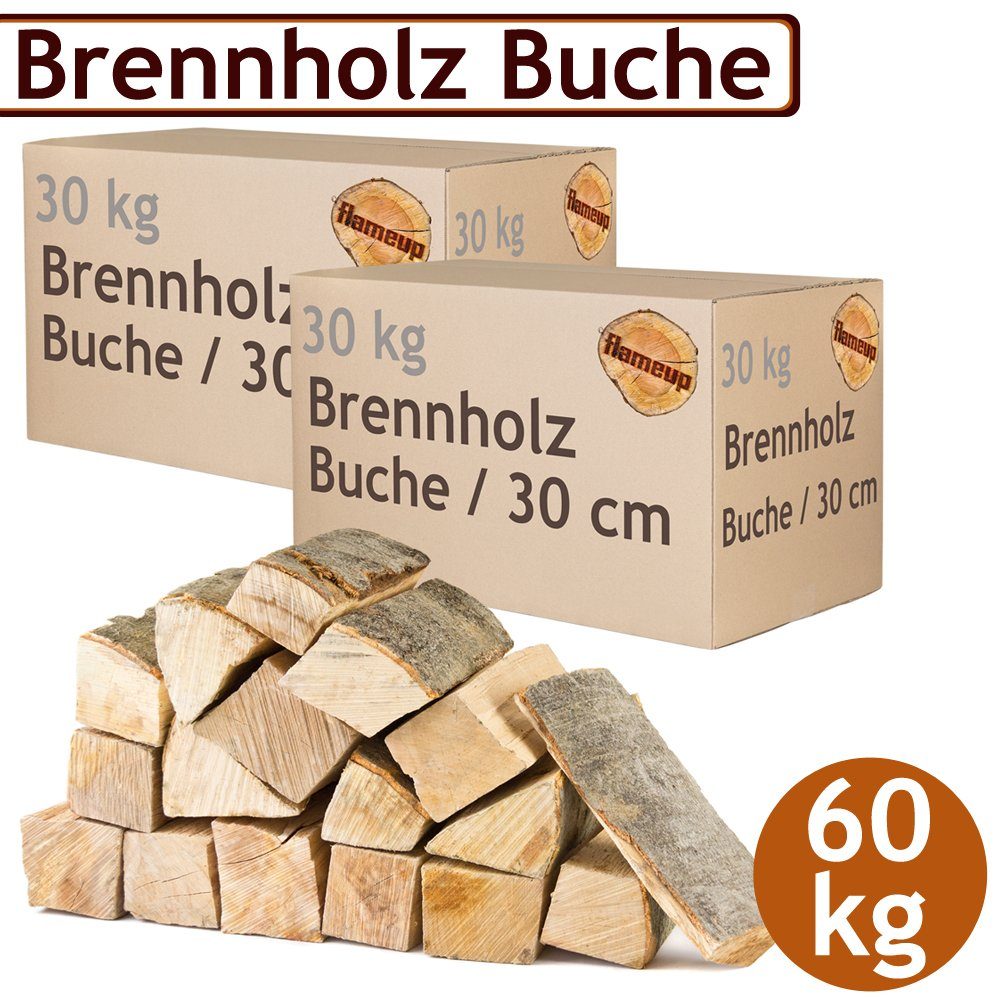 Flameup Kaminholz Brennholz Kaminholz Holz 60 kg Ofen Kamin Kaminofen Grill Buche 30 cm, 60 kg