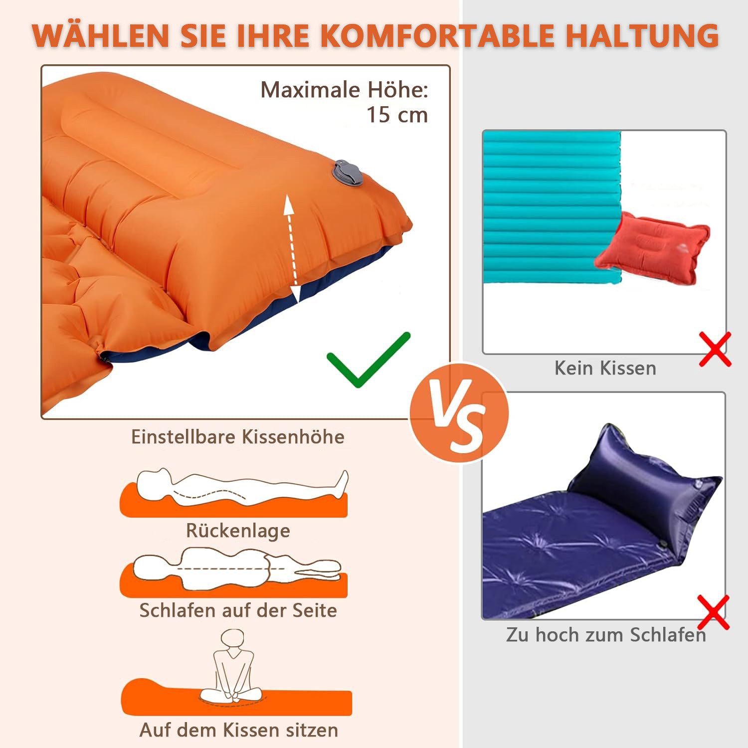 Rhein Beleuchtung Isomatte Luftmatratze selbstaufblasend – Isomatte Camping mit Fußpumpe, (Set, 1-tlg., Leicht & tragbar, bis 200 kg belastbar – beff Outdoor Luftmatratze), 8 cm dick, wasserdichtes 40D Nylon+TPU – isomatte selbstaufblasend