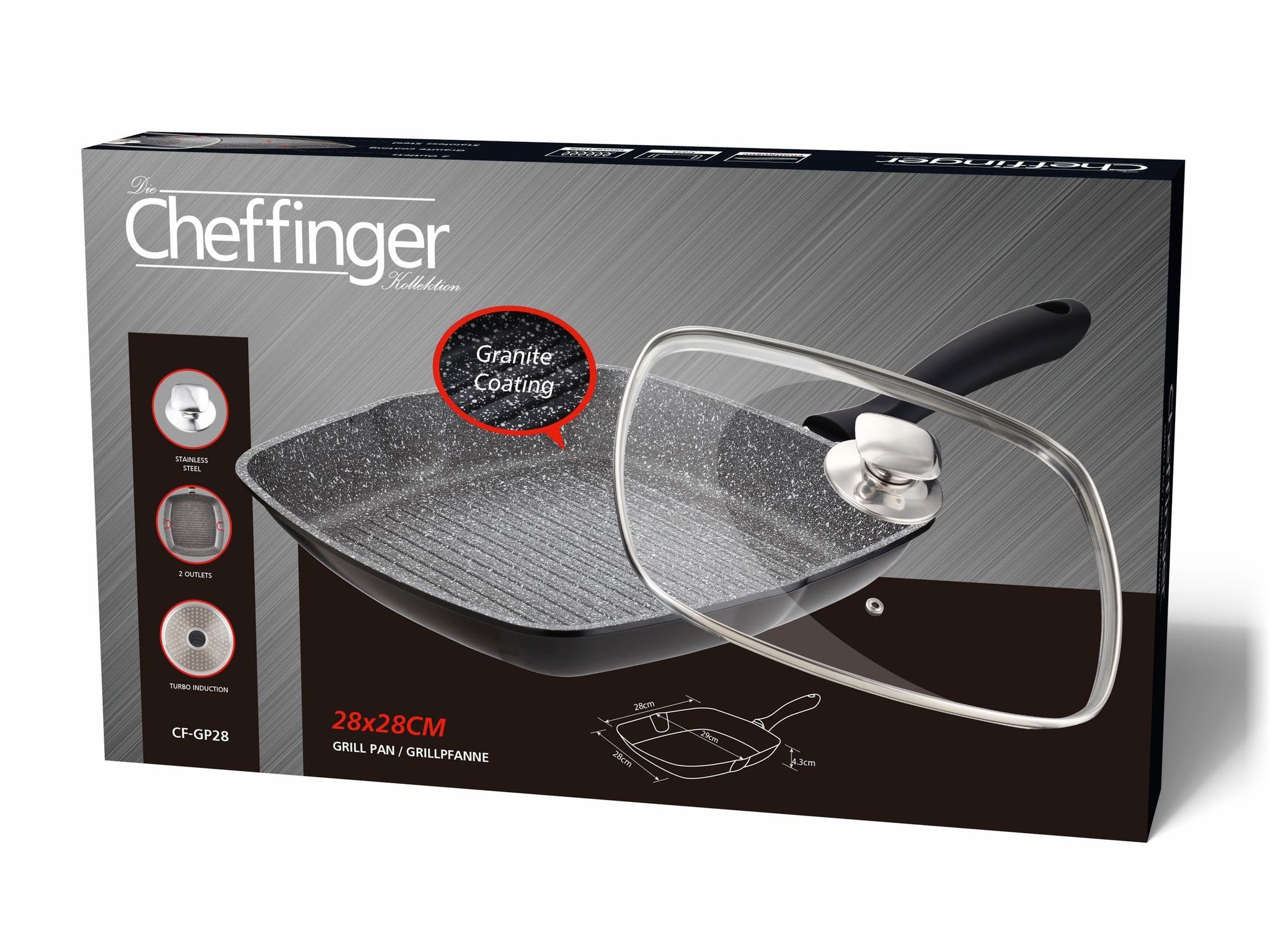 Cheffinger Grillpfanne Grillpfanne Alu Guss Ø28cm Steakpfanne Fischpfanne Pfanne braten Induk
