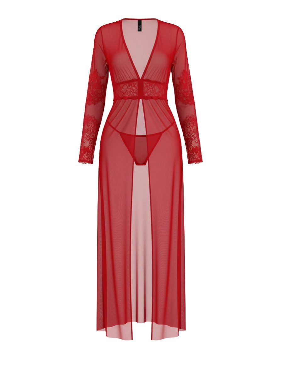 Elegant Love Morgenmantel Lingerie-Nachtkleid für Damen – Nachtwäsche aus Spitze, mit Tanga, Schlitz, V-Ausschnitt, Spitzenärmeln und figurbetonter Passform, Hakenverschluss vorne, Teilweise offen durch Schlitz, Dessous & Reizwäsche mit passendem String – für besondere Momente
