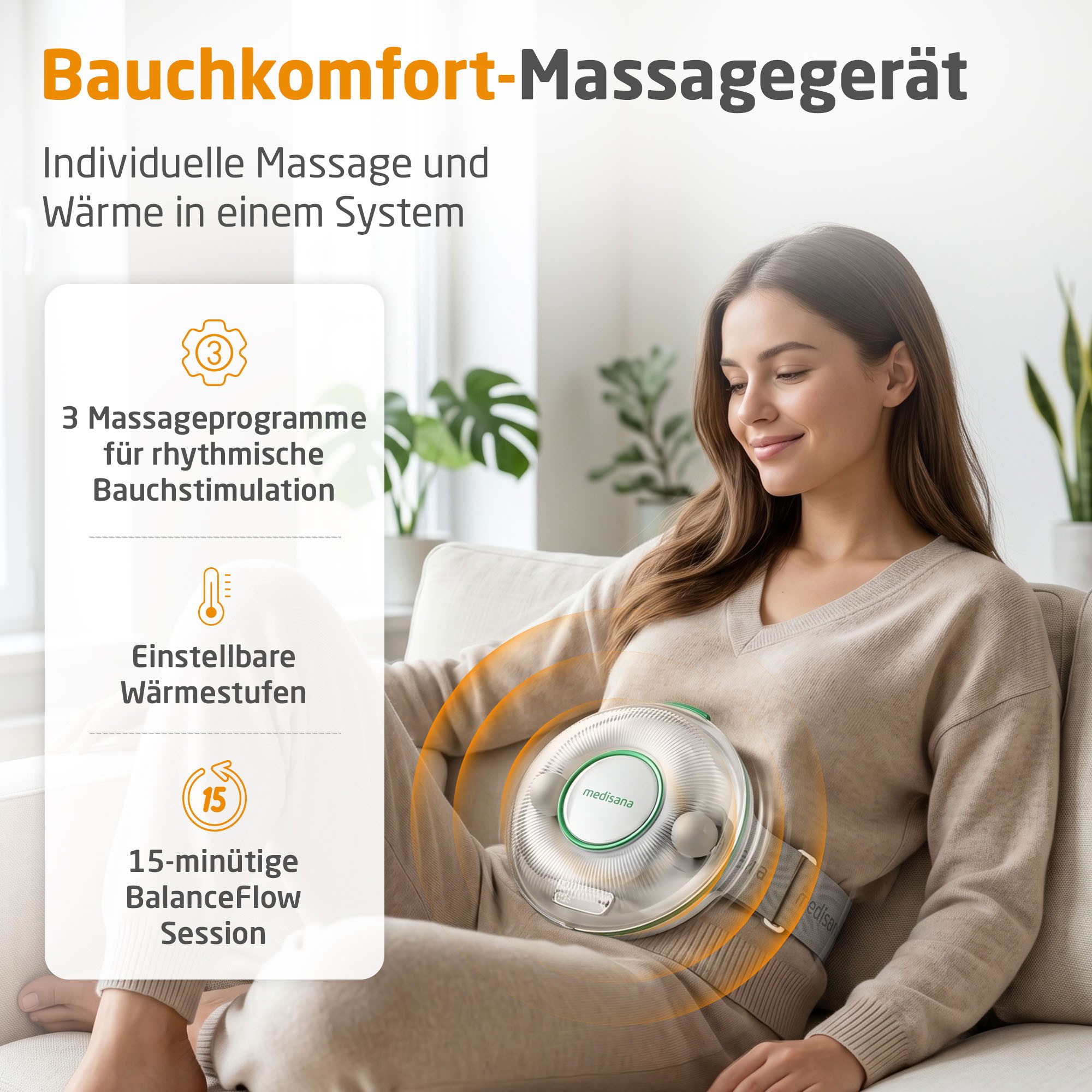 medisana Massagegerät BM 100, Bauchmassage, 3 Programme, Bindegewebe, Haut, Darmfunktion, mit Wärme